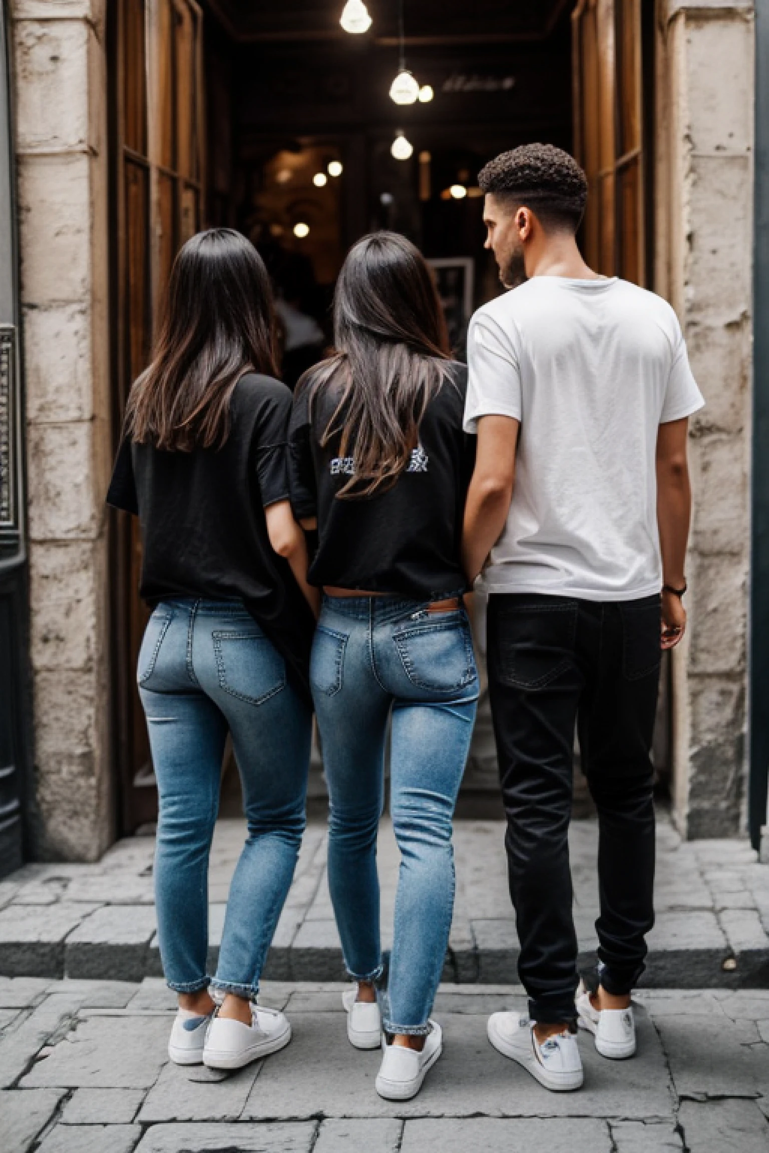 Hyper realistic, happy, 85mm, ultra realistic, detailed face. back shot, three models in a cafe in old town Istanbul  , wearing fear of God style streetwear, loose, Streetwear oversized Unisex 100% Cotton Loose Basic Tee, black jeans pants, fashion photoshoot