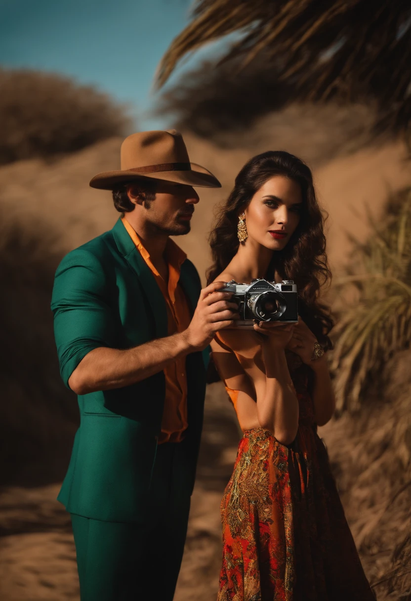 Man Holding Camera And Woman Wearing, No estilo de George Stefanescu, Exotic atmosphere, Foto tirada com Provia, Realistic photo, diagonais fortes --ar 4:3