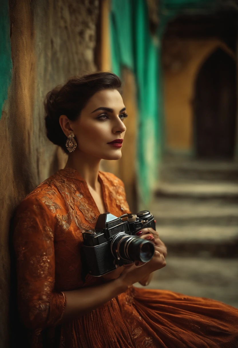 Man Holding Camera And Woman Wearing, No estilo de George Stefanescu, Exotic atmosphere, Foto tirada com Provia, Realistic photo, diagonais fortes --ar 4:3