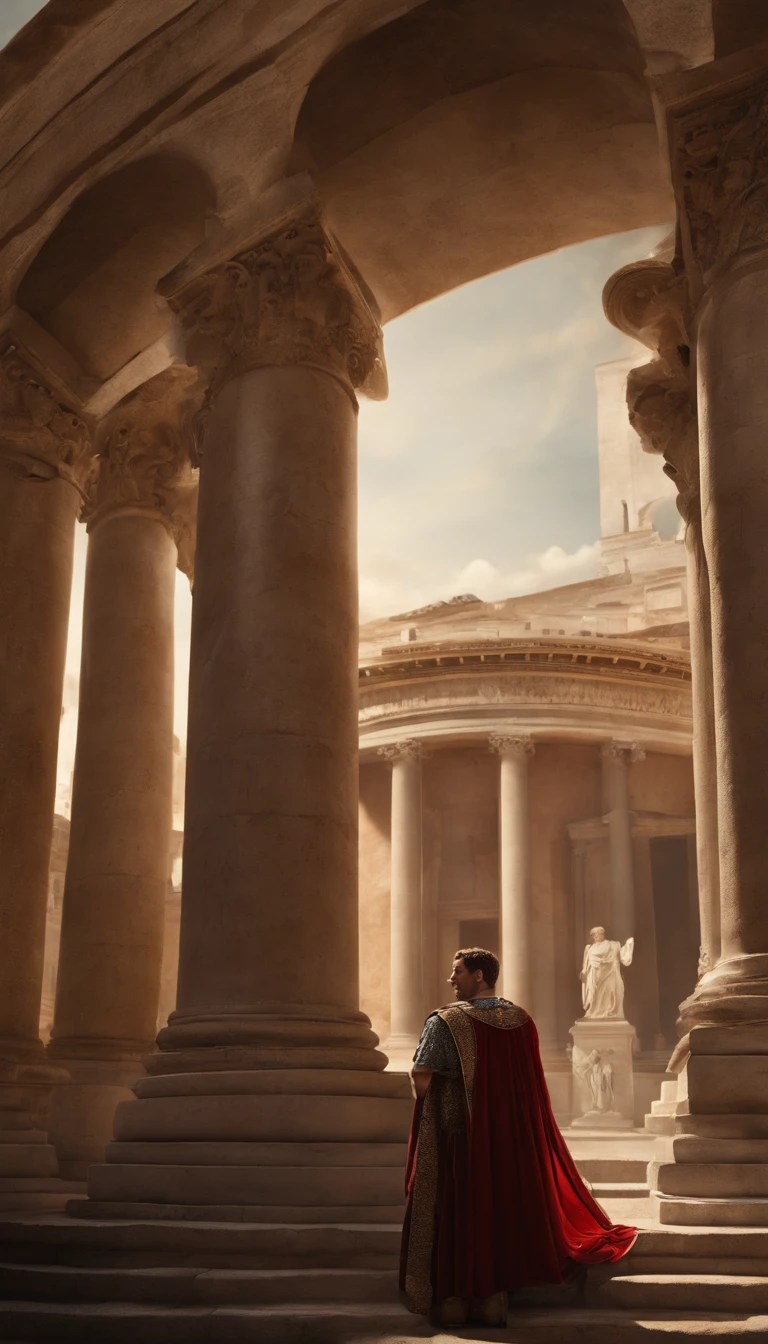 Create a compelling visual narrative that delves into the tumultuous reactions of Roman nobility and commoners to the shocking events of Nero's era, with a central focus on the unconventional marriage of a castrated boy. Transport the viewer to a lavishly adorned Roman Senate chamber where senators and noblemen gather in heated discussion, their expressions and gestures reflecting disbelief and outrage. Contrast this with bustling Roman streets and markets, where the citizens openly express their discontent. Ensure Nero's imposing portrait dominates the backdrop, symbolizing his dominance over the empire. Incorporate authentic historical elements like the attire and architecture of ancient Rome, as well as significant Roman symbols, to evoke the period's ambiance. Convey the palpable tension and protests in the air, leaving viewers with a profound sense of the era's unrest. Make this visual representation a gateway to a pivotal chapter in Roman history.8k,cinematic