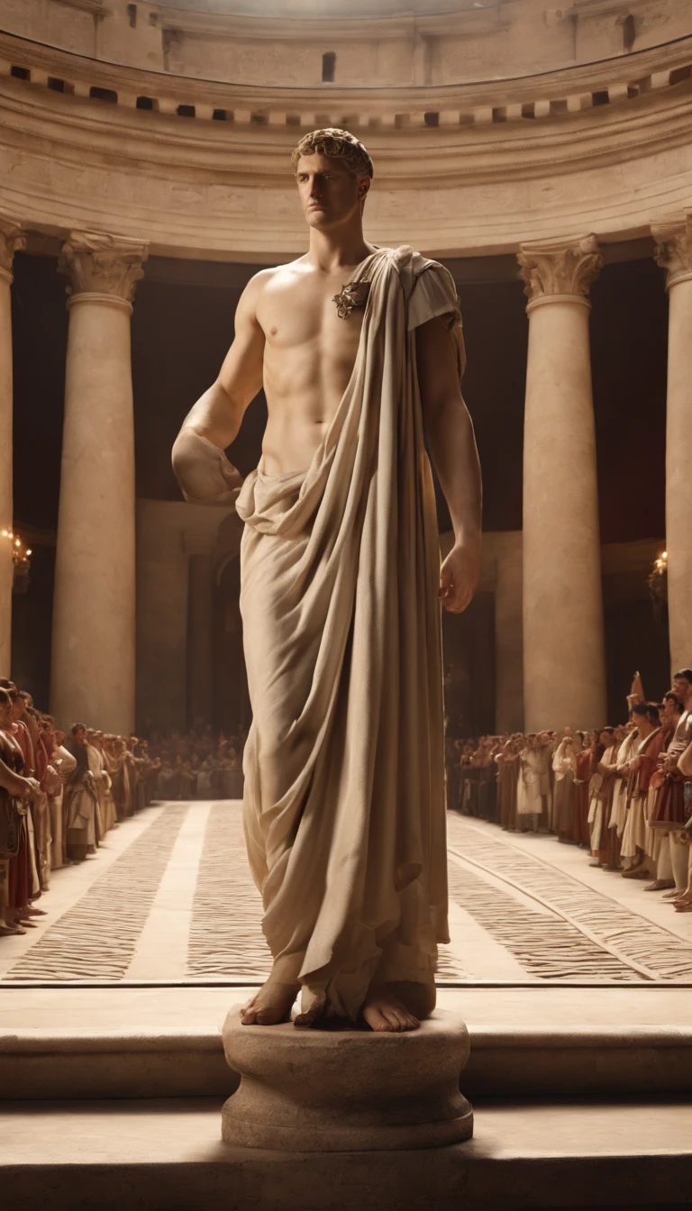 Create a compelling visual narrative that delves into the tumultuous reactions of Roman nobility and commoners to the shocking events of Nero's era, with a central focus on the unconventional marriage of a castrated boy. Transport the viewer to a lavishly adorned Roman Senate chamber where senators and noblemen gather in heated discussion, their expressions and gestures reflecting disbelief and outrage. Contrast this with bustling Roman streets and markets, where the citizens openly express their discontent. Ensure Nero's imposing portrait dominates the backdrop, symbolizing his dominance over the empire. Incorporate authentic historical elements like the attire and architecture of ancient Rome, as well as significant Roman symbols, to evoke the period's ambiance. Convey the palpable tension and protests in the air, leaving viewers with a profound sense of the era's unrest. Make this visual representation a gateway to a pivotal chapter in Roman history.8k,cinematic