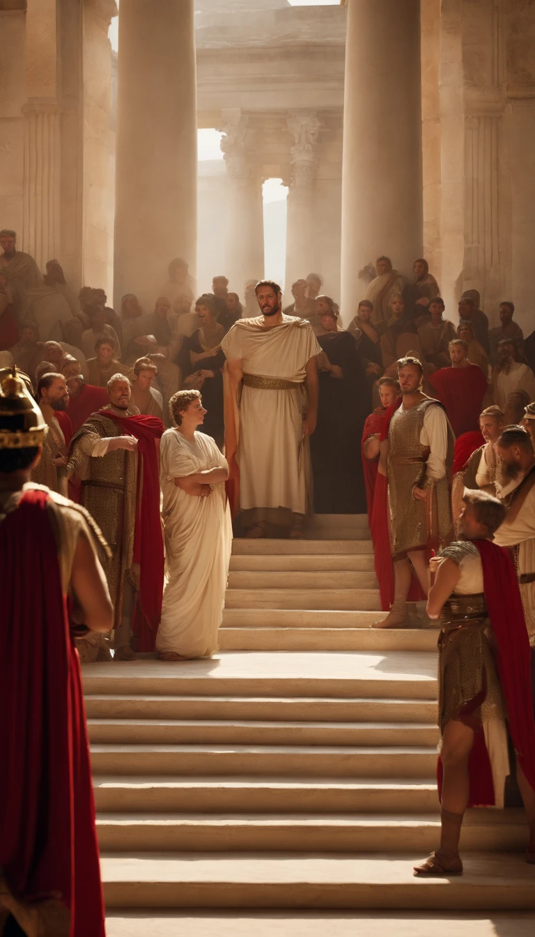 Create a compelling visual narrative that delves into the tumultuous reactions of Roman nobility and commoners to the shocking events of Nero's era, with a central focus on the unconventional marriage of a castrated boy. Transport the viewer to a lavishly adorned Roman Senate chamber where senators and noblemen gather in heated discussion, their expressions and gestures reflecting disbelief and outrage. Contrast this with bustling Roman streets and markets, where the citizens openly express their discontent. Ensure Nero's imposing portrait dominates the backdrop, symbolizing his dominance over the empire. Incorporate authentic historical elements like the attire and architecture of ancient Rome, as well as significant Roman symbols, to evoke the period's ambiance. Convey the palpable tension and protests in the air, leaving viewers with a profound sense of the era's unrest. Make this visual representation a gateway to a pivotal chapter in Roman history.8k,cinematic
