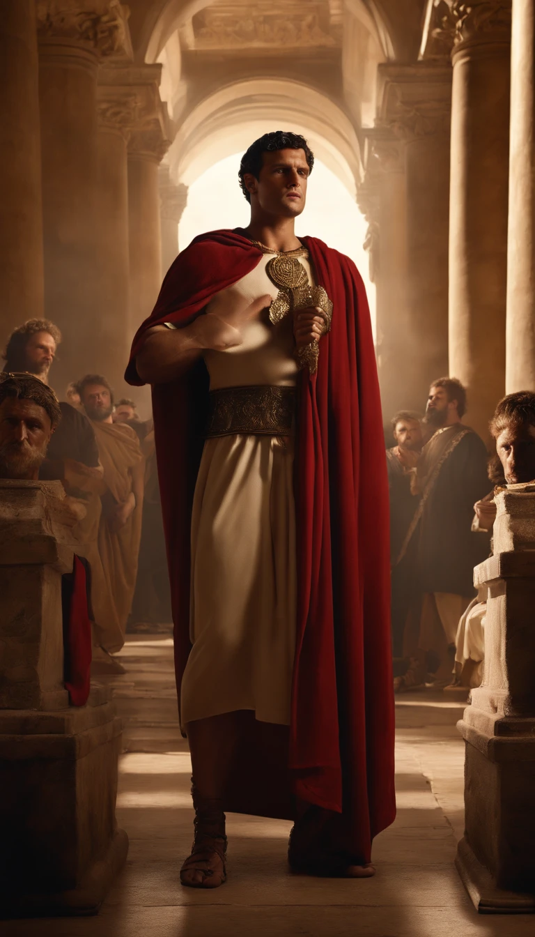 Create a compelling visual narrative that delves into the tumultuous reactions of Roman nobility and commoners to the shocking events of Nero's era, with a central focus on the unconventional marriage of a castrated boy. Transport the viewer to a lavishly adorned Roman Senate chamber where senators and noblemen gather in heated discussion, their expressions and gestures reflecting disbelief and outrage. Contrast this with bustling Roman streets and markets, where the citizens openly express their discontent. Ensure Nero's imposing portrait dominates the backdrop, symbolizing his dominance over the empire. Incorporate authentic historical elements like the attire and architecture of ancient Rome, as well as significant Roman symbols, to evoke the period's ambiance. Convey the palpable tension and protests in the air, leaving viewers with a profound sense of the era's unrest. Make this visual representation a gateway to a pivotal chapter in Roman history.8k,cinematic