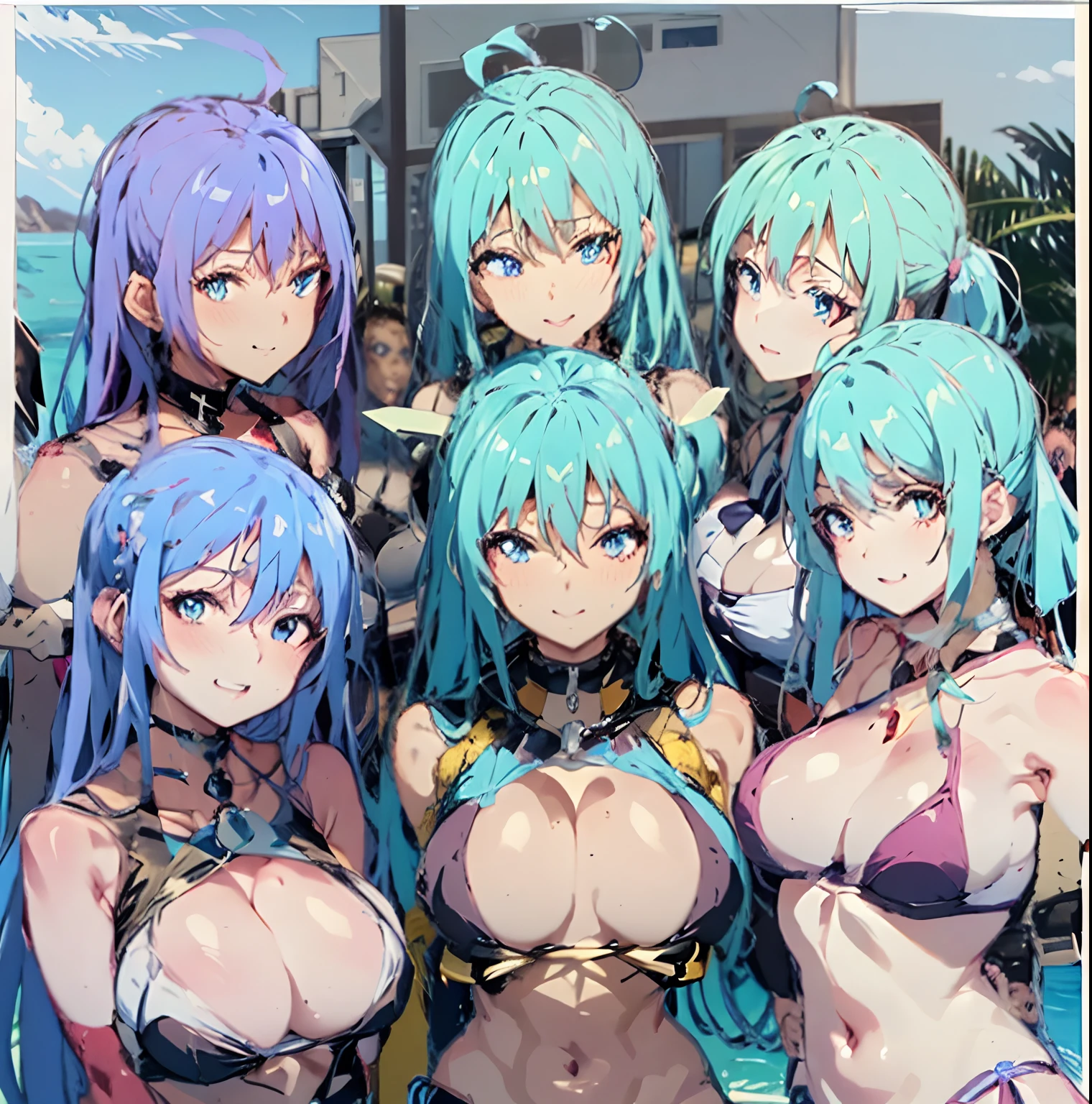 arafed image of a group of women in bikinis posing for a picture, oppai, ecchi, characters from azur lane, anime girls, biomechanical oppai, oppai proportions, fine details. girls frontline, ecchi anime style, waifu, ecchi style, azur lane style, seductive anime girl, oppai cyberpunk, harem