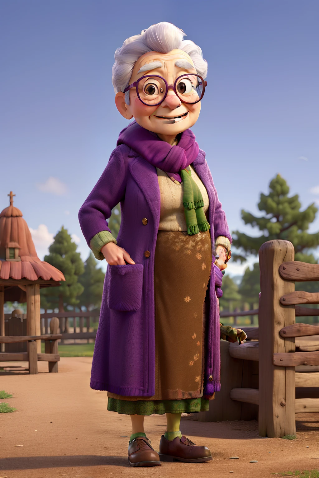 masterpiece, best quality, an old woman with glasses and a scarf on, wearing a purple coat and green scarf, standing at the park