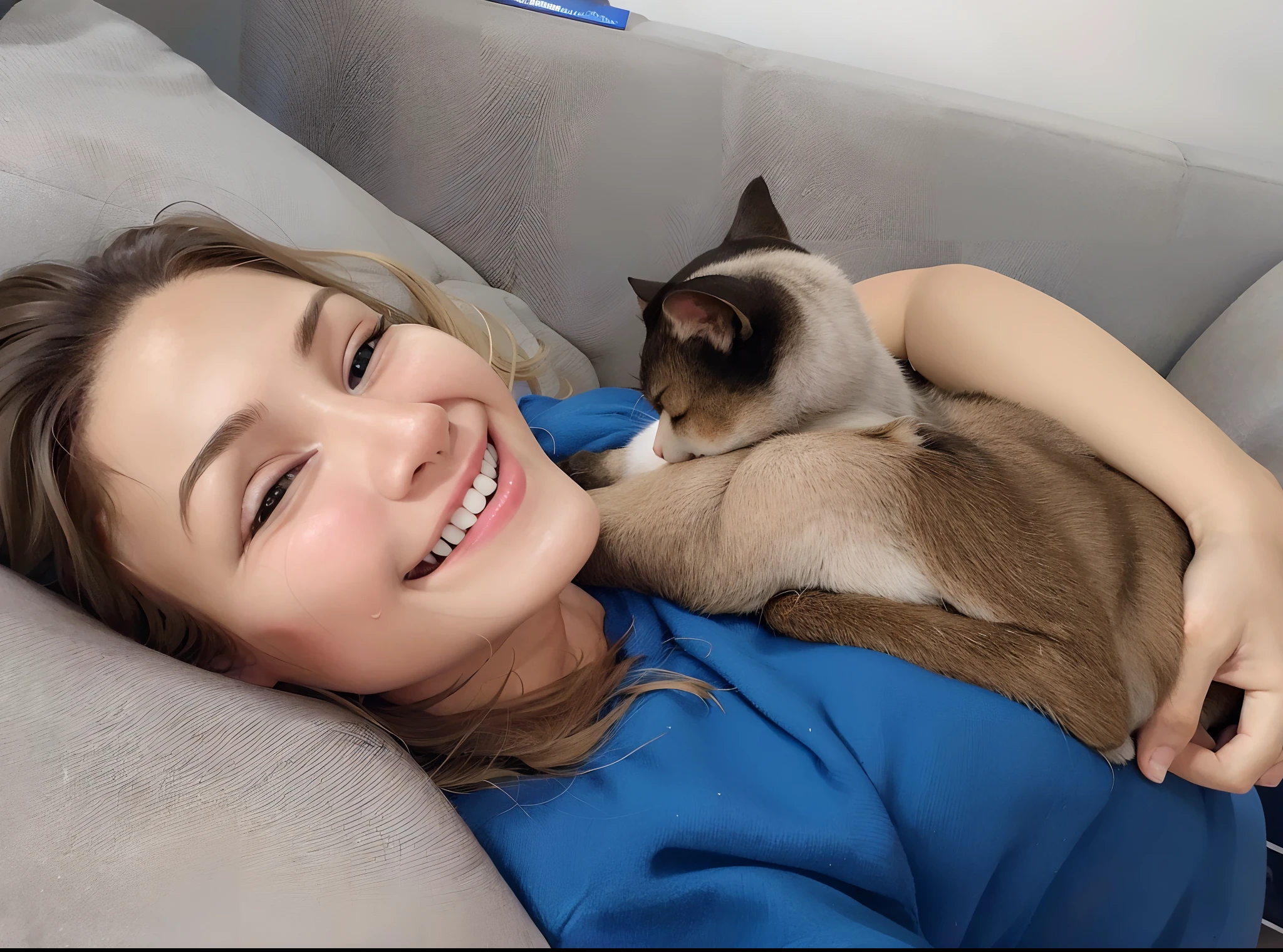 Smiling woman lying on a sofa with a cat on her lap, com gato pequeno no colo, bochechas grandes segurando seu gato, she is holding a cat in her arms, relaxing and smiling at camera, segurando um gato, mulher e gato, com gatos ao seu lado, gato rabugento sorrindo de orelha a orelha, relaxing on the couch, cuddling her gremlings