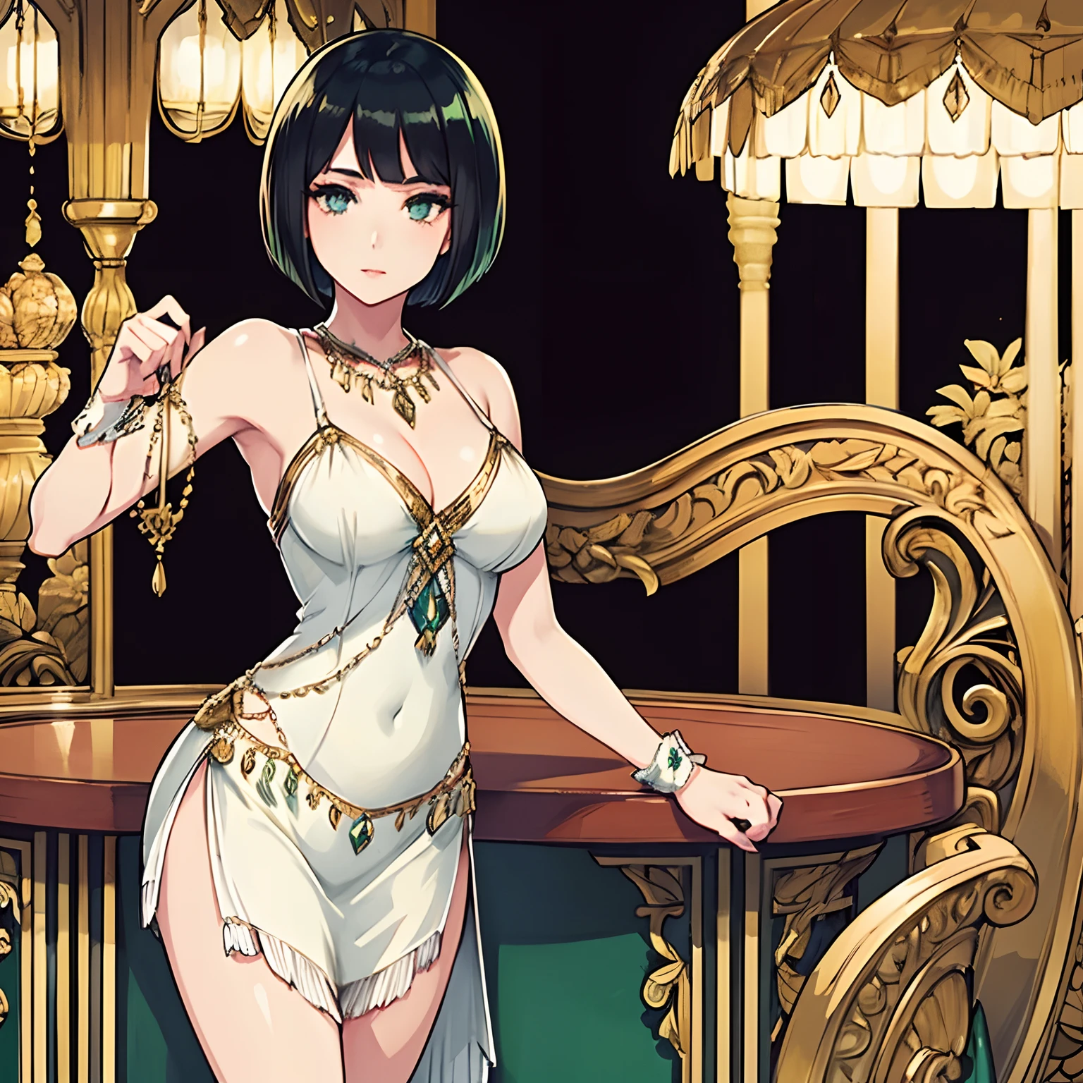 Woman with a short dark hair, green eyes and 1920's casino style clothes, flapper style clothes in a classic casino. Black hair and white flapper style clothes