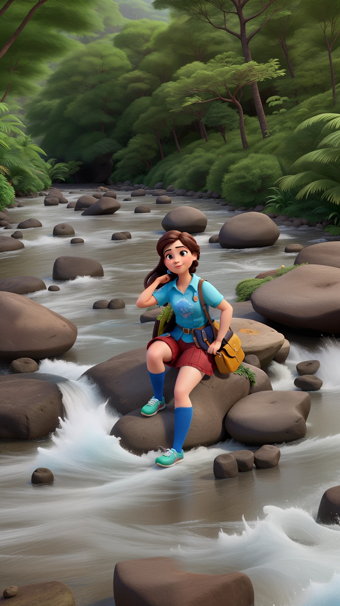 Um mulher clara, estilo Disney pixar, sentada em uma pedra, dentro de um rio, contra o pano de fundo de uma floresta