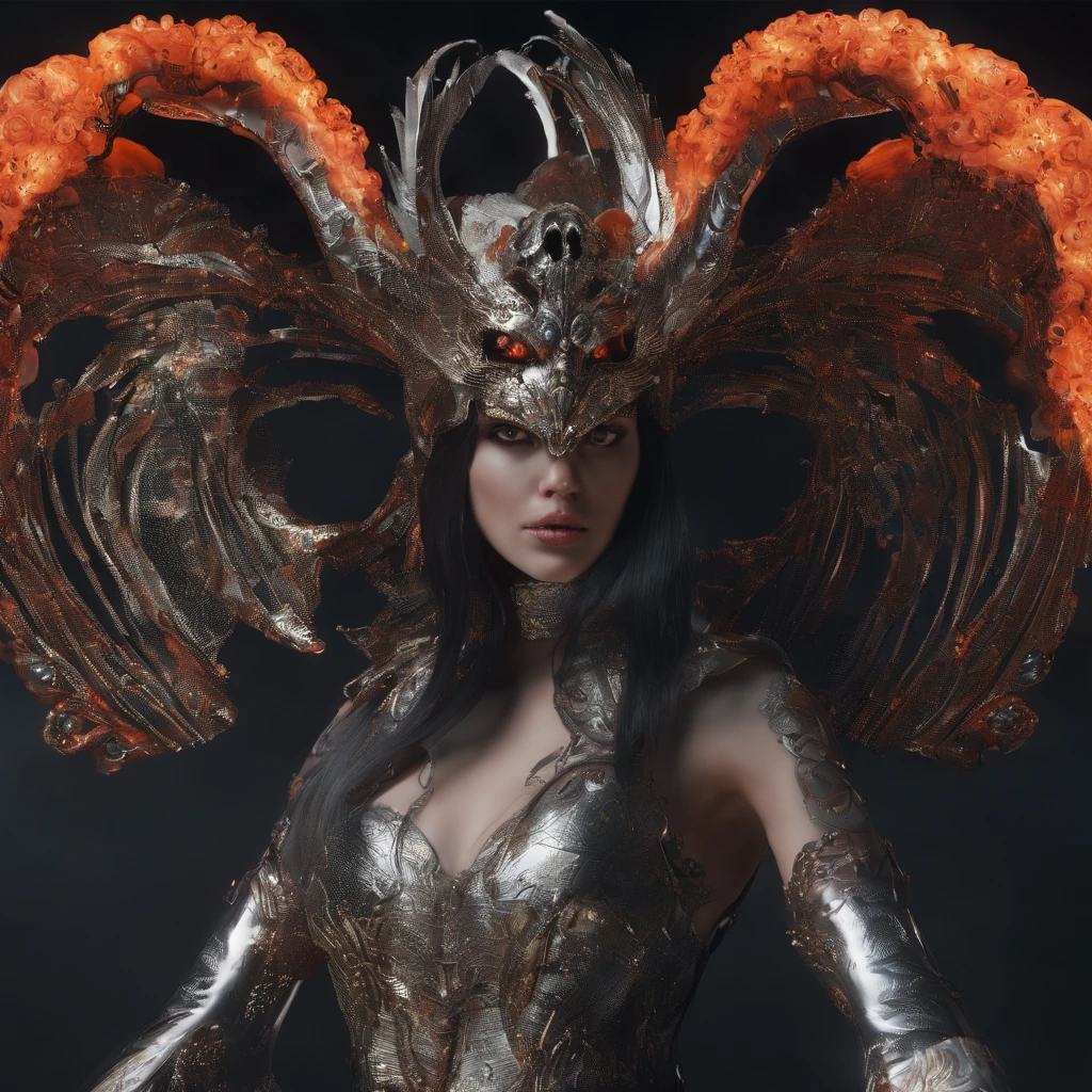 1人, Good shape, A surreal paint splash painting,King in cloak and mask, deer antlers, crown, universe background, golden colored、White and black color scheme, A bad woman in a futuristic suit,With ((skeleton head)) ((decompose)), scybernetic, Cyberpunk art of a, computer art, Detailed eyes, (Highly detailed skin:1.2), (Realistic lighting:1.1), (Realistic shadows:1.1), ((Best quality)), (Detailed), 8K UHD