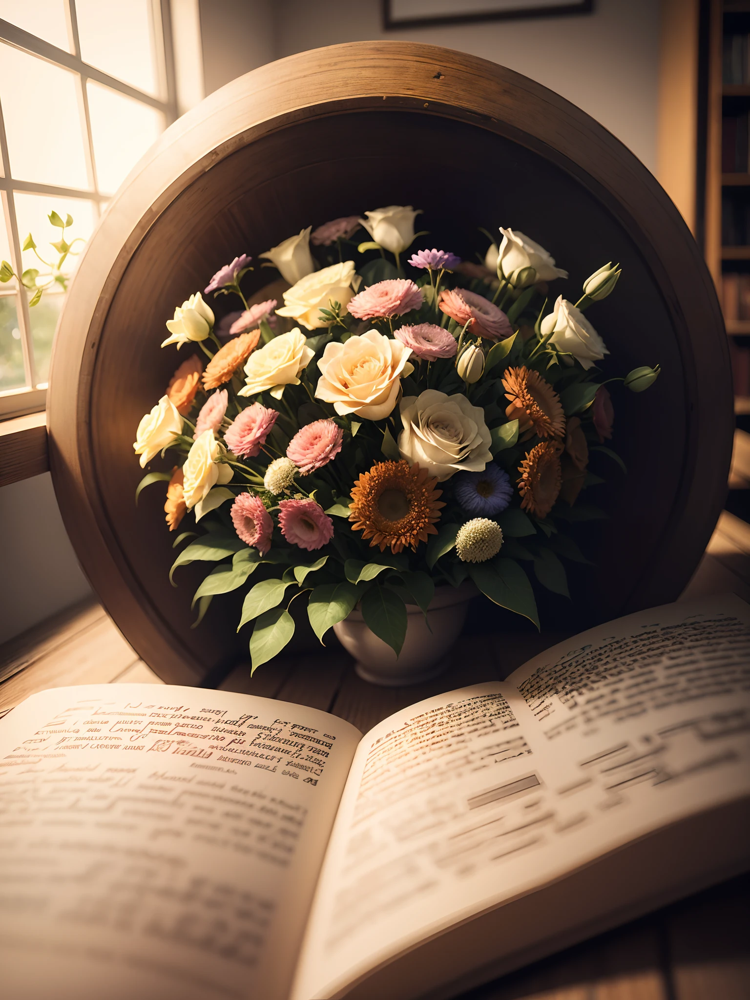 create an earth-toned image for a book cover. The image must contain bouquets of flowers in light brown and beige. 8k, uhd