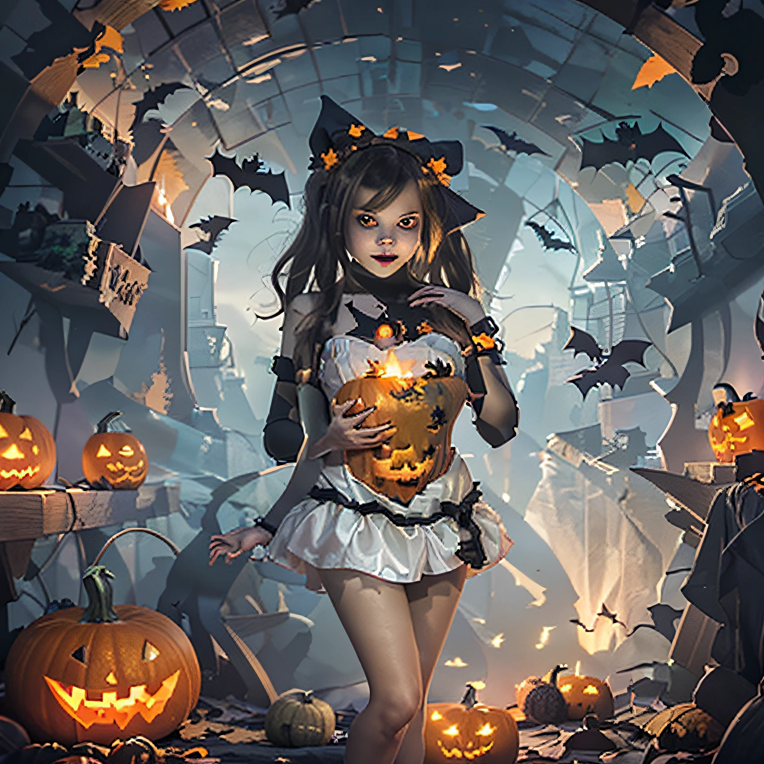Arafed image of a woman in a halloween costume holding a pumpkin ...