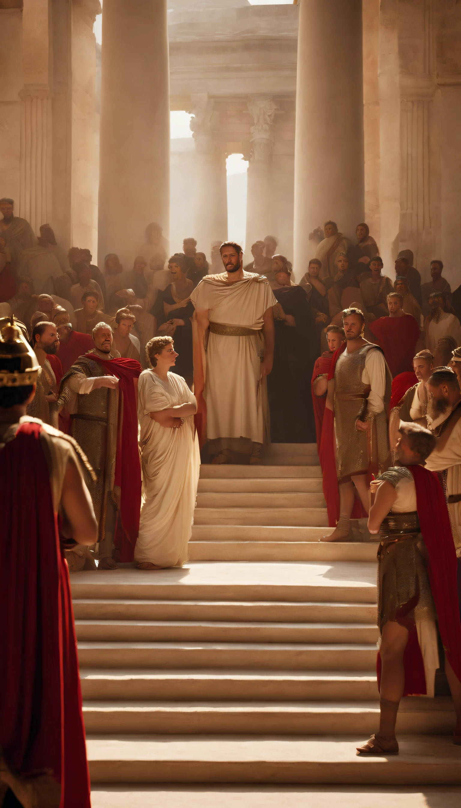 Create a compelling visual narrative that delves into the tumultuous reactions of Roman nobility and commoners to the shocking events of Nero's era, with a central focus on the unconventional marriage of a castrated boy. Transport the viewer to a lavishly adorned Roman Senate chamber where senators and noblemen gather in heated discussion, their expressions and gestures reflecting disbelief and outrage. Contrast this with bustling Roman streets and markets, where the citizens openly express their discontent. Ensure Nero's imposing portrait dominates the backdrop, symbolizing his dominance over the empire. Incorporate authentic historical elements like the attire and architecture of ancient Rome, as well as significant Roman symbols, to evoke the period's ambiance. Convey the palpable tension and protests in the air, leaving viewers with a profound sense of the era's unrest. Make this visual representation a gateway to a pivotal chapter in Roman history.8k,cinematic
