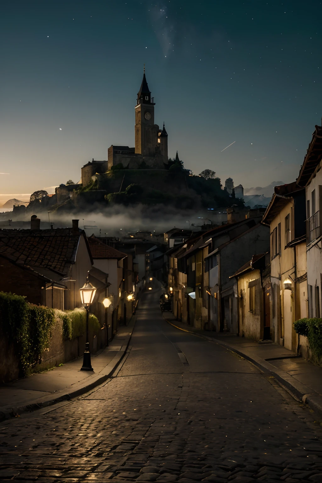 Por favor, Create a top-quality image that depicts an ethereal and magical city, where the inhabitants seem to have come straight out of the nineteenth century. The city must be shrouded in a magical and mysterious atmosphere, with tall and detailed buildings, illuminated by a soft, ethereal light. As pessoas na cidade devem vestir roupas da era vitoriana, com trajes elegantes, cartolas e vestidos longos. Cobblestone streets should be lined with gas lampposts, e carruagens puxadas por cavalos devem transitar pelas ruas. A cidade deve estar situada em uma paisagem deslumbrante, with distant mountains and a starry sky that gives the scene a magical aspect. The image should convey the feeling of nostalgia, nineteenth-century charm and magic. Make sure the image quality is as high as possible, with advanced levels of detail and a cinematic style."