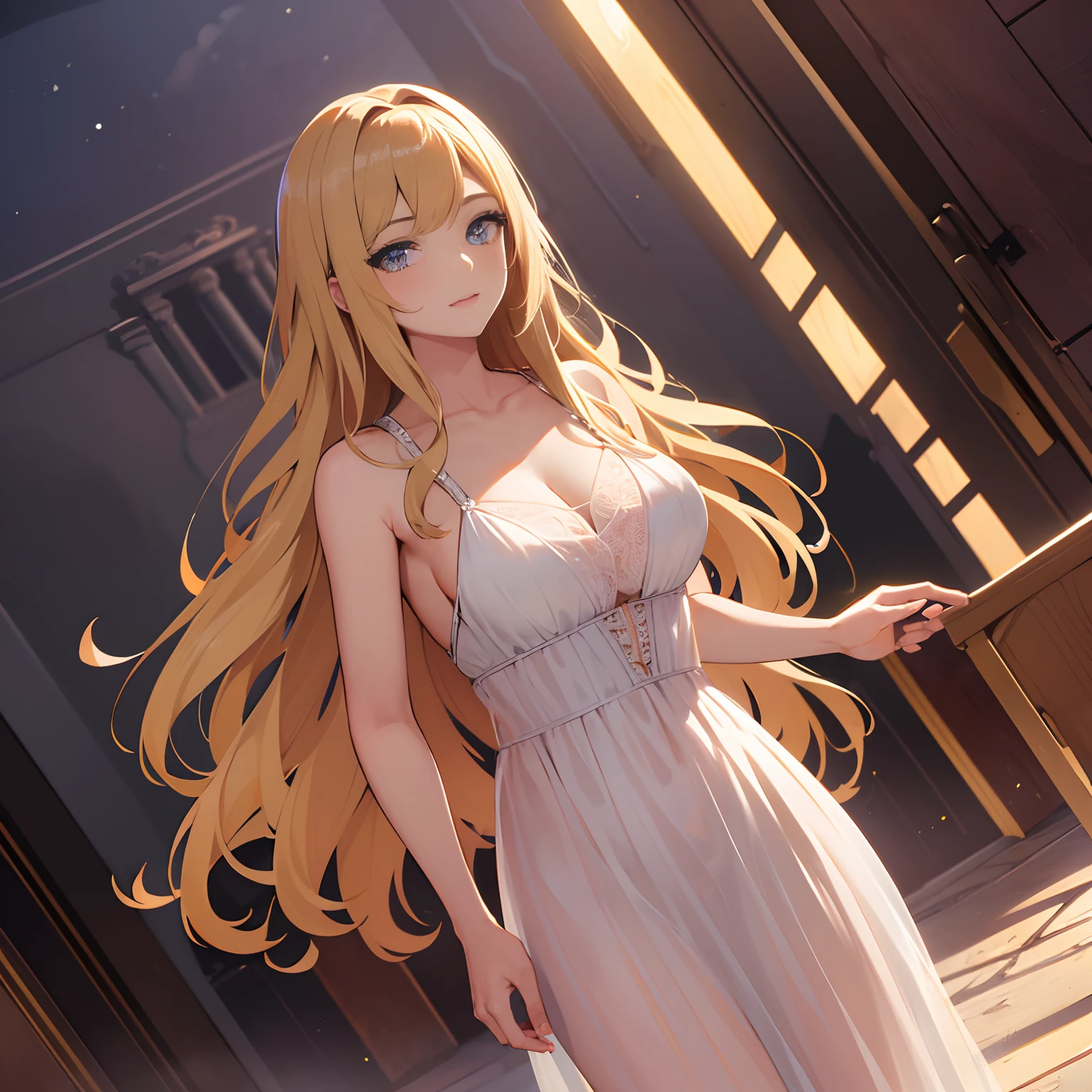 (((hd wide shot photo))), one standing Letizia Verona looking at camera, 23 years old, long hair, extra detailed, 8k, hd, very beautiful face, beautiful eyes, see through night dress, very alluring,