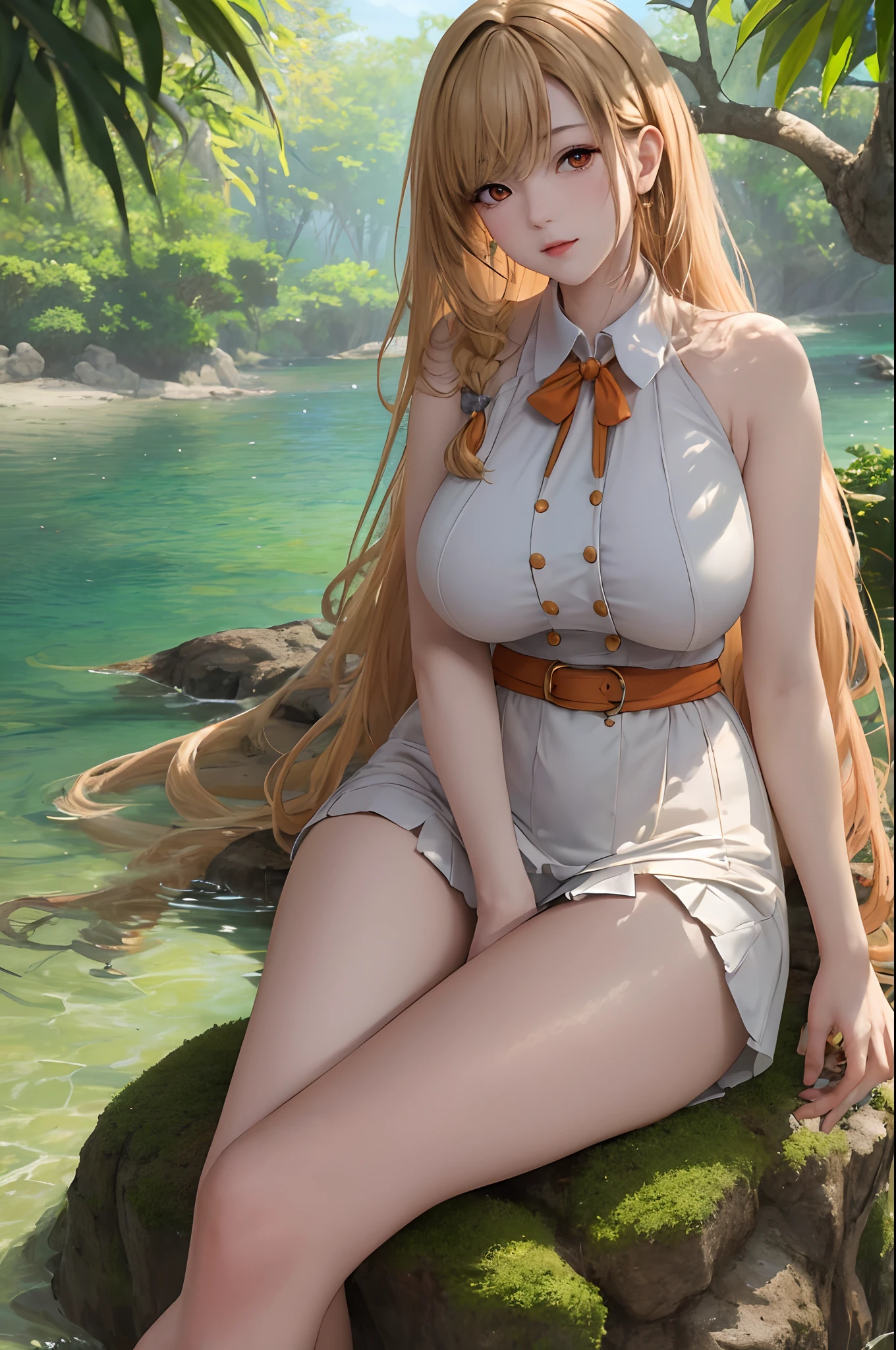 ((masterpiece)), (best quality), (ultra-detailed), photorealistic, (best illustration), ((an extremely delicate and beautiful)), 1girl, solo, long hair, blonde hair, two-tone hair, cross-laced, blue eyes, breasts, detailed scenery, low twin braids, twin braids, hair ornament, gigantic breasts, ass, huge ass, looking at viewer, standing, viewer POV, 