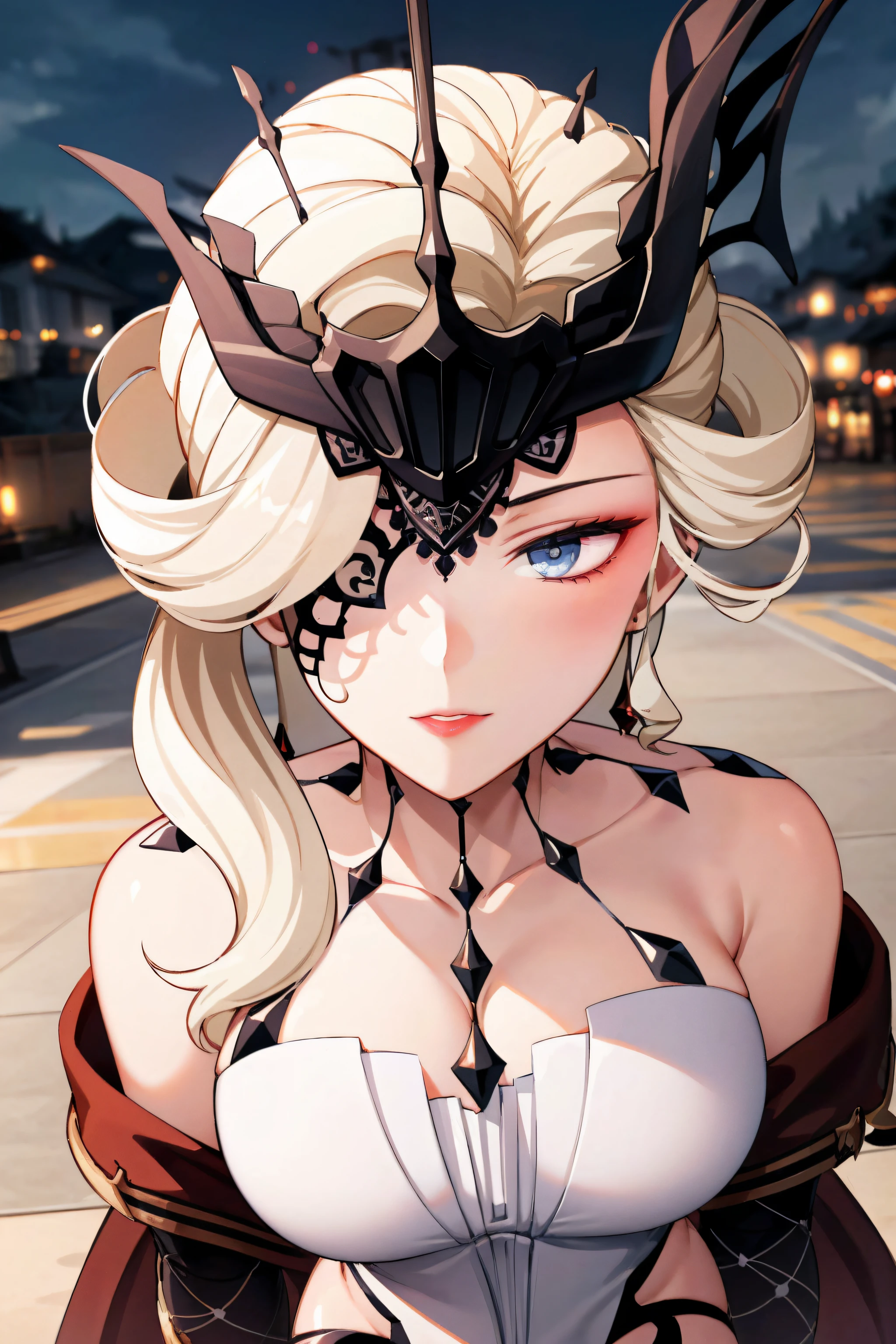 (masterpiece:1.2, best quality), (finely detailed beautiful eyes: 1.2), (extremely detailed CG unity 8k wallpaper, masterpiece, best quality, ultra-detailed),  signora \\(genshin impact\\) , large breasts, long hair, mature female, one eye covered, jewelry, mask, black gloves, elbow gloves, fur trim, dress, coat,  High contrast, (best illumination, an extremely delicate and beautiful),1girl,(simple backround, outdoors,  front on),  looking at viewer,standing,beautiful detailed glow,full body, (beautiful detailed face, beautiful detailed eyes),NSFW,official art,extremely detailed CG unity 8k wallpaper, perfect lighting, (masterpiece:1.0),(best_quality:1.0), ultra high res,4K,ultra-detailed, photography, 8K, HDR, highres, absurdres:1.2, Kodak portra 400, film grain, blurry background, bokeh:1.2, lens flare, (vibrant_color:1.2),(beautiful_face:1.5),(narrow_waist),(perfect hands, perfect anatomy),