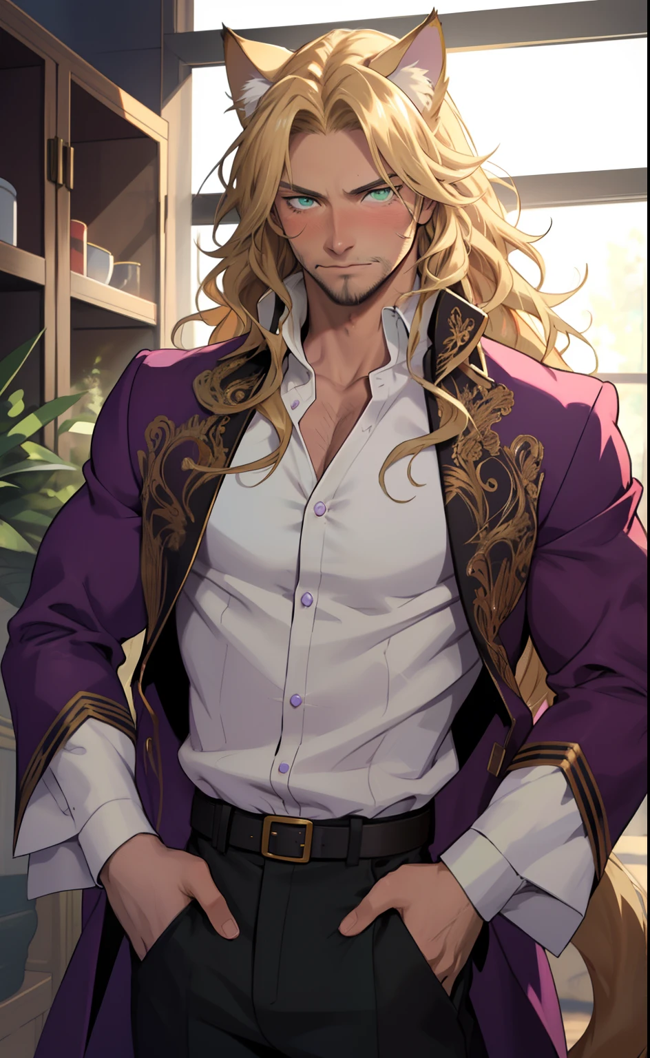 Purple coat, one male, cat ears, long hair, blond, blond hair, green eyes, tall, muscular, white shirt, beautiful face, highest quality, masterpiece, 2d, anime, perfect face, highest detail, feline eyes, stubble, cat tail, wavy hair, cowboy shot, detailed face, intricate details, blushing, nervous,