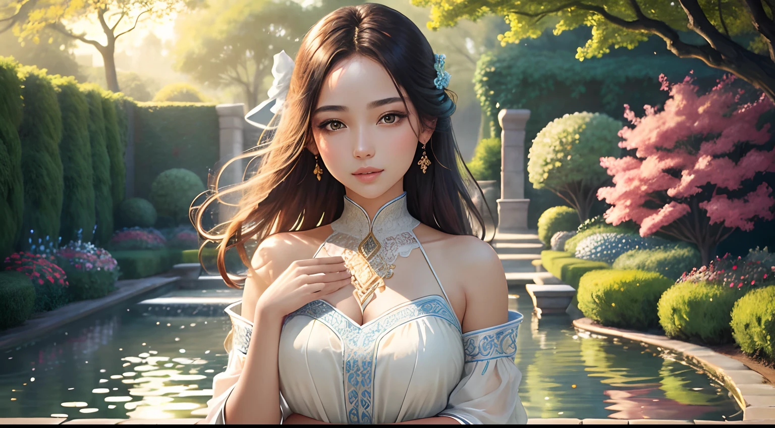 a serene balance between chaos and harmony, capturing the essence of equilibrium. A girl with beautiful detailed eyes and lips stands gracefully in a vibrant garden. The girl's gaze reflects a sense of peace and tranquility. Her flowing dress, caught by a gentle breeze, adds a touch of elegance to the scene. The garden is filled with an explosion of colorful flowers and lush greenery, creating a vibrant and lively atmosphere. The lighting is soft and golden, casting a warm glow on the surroundings. The image quality is of the highest standard, with ultra-detailed and photorealistic rendering, revealing every delicate detail in the girl's features and the garden scenery. The colors are vivid and vibrant, enhancing the visual impact of the image. The overall composition presents a sense of balance and harmony, capturing the viewer's attention and invoking a feeling of equilibrium.