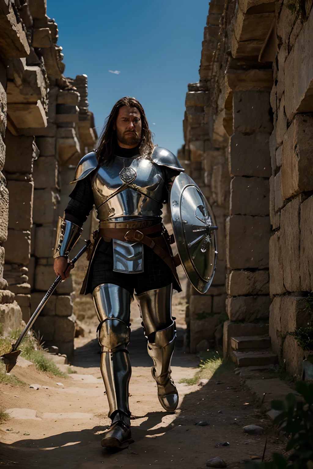 A giant medieval warrior, with an imposing armor of shiny metal, wielding a shining spear and protected by an enormous shield, faces a brave boy who holds only a modest sling and five small stones. This epic battle takes place in a stony environment, where stones and rocks provide uneven terrain. In the background, several soldiers equipped with swords and shields closely observe the fight, ready to intervene at any moment, but unable to act due to the disproportionate size of the giant compared to the boy.