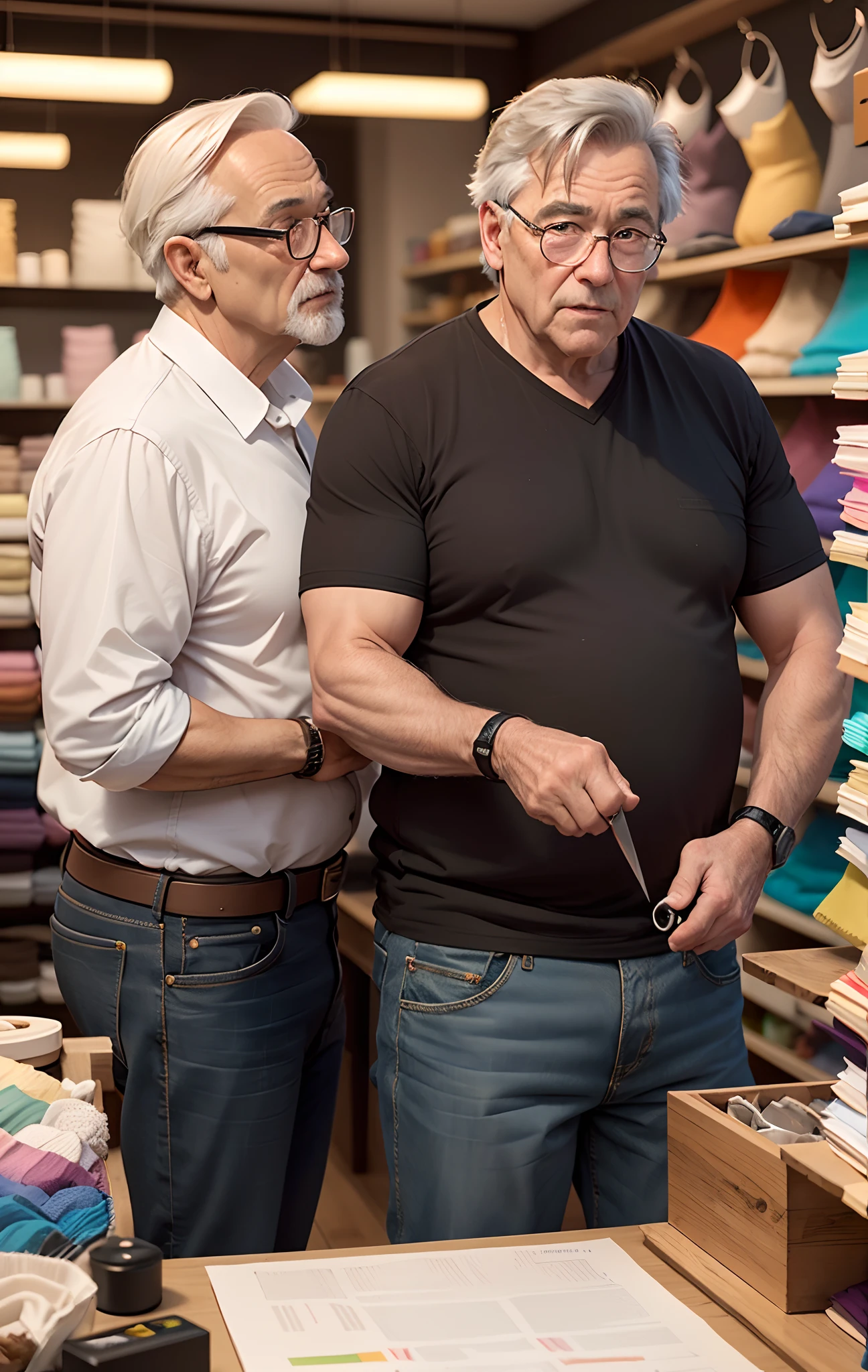 Create a Disney pixar image of a fabric store with a gray-haired old man in glasses with scissors and tape measure and a tall 50-year-old man in glasses
