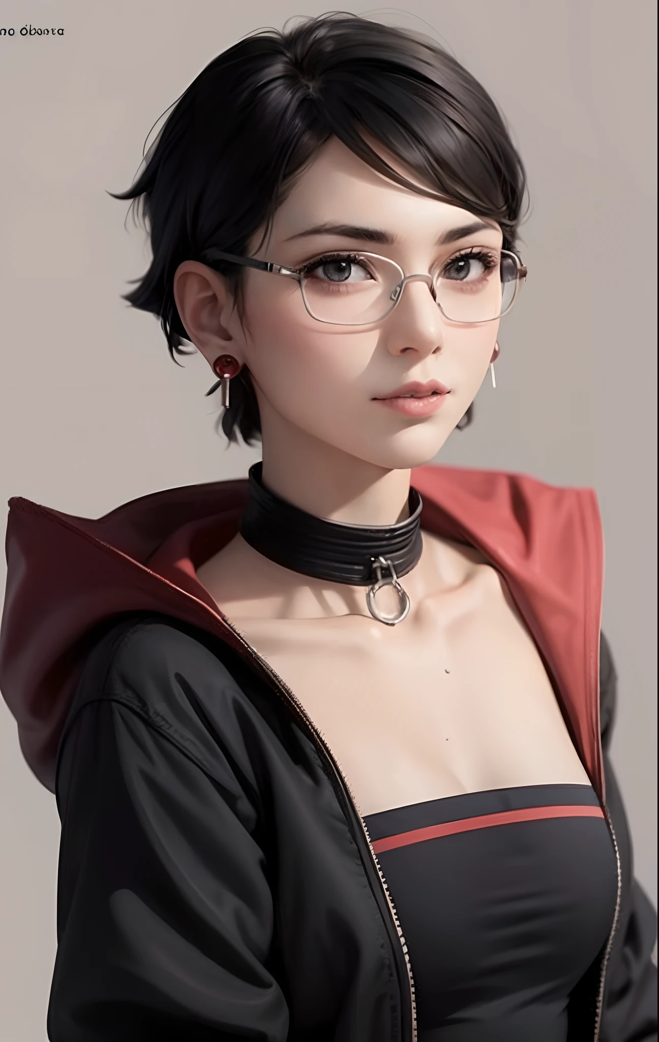 Realistic Sarada Uchiha from Boruto: Naruto next generations anime movie, red glasses, black choker belt, black hair, short hair, black and red suit combination, extremely realistic, ultra HD, face detailed, eyes detailed, amazing, professional photography, masterpiece, ((big breast, cleavage)), tight, sharp gaze