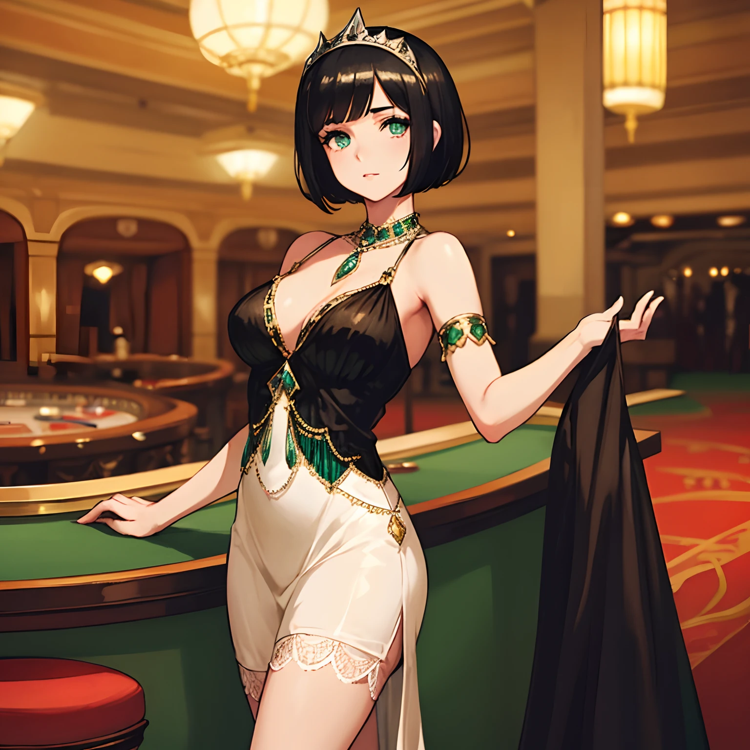 Short black hair woman and green eyes, with 1920's casino clothes in a 1920's casino smoking a stick cigarette. Antique Casino Clothes