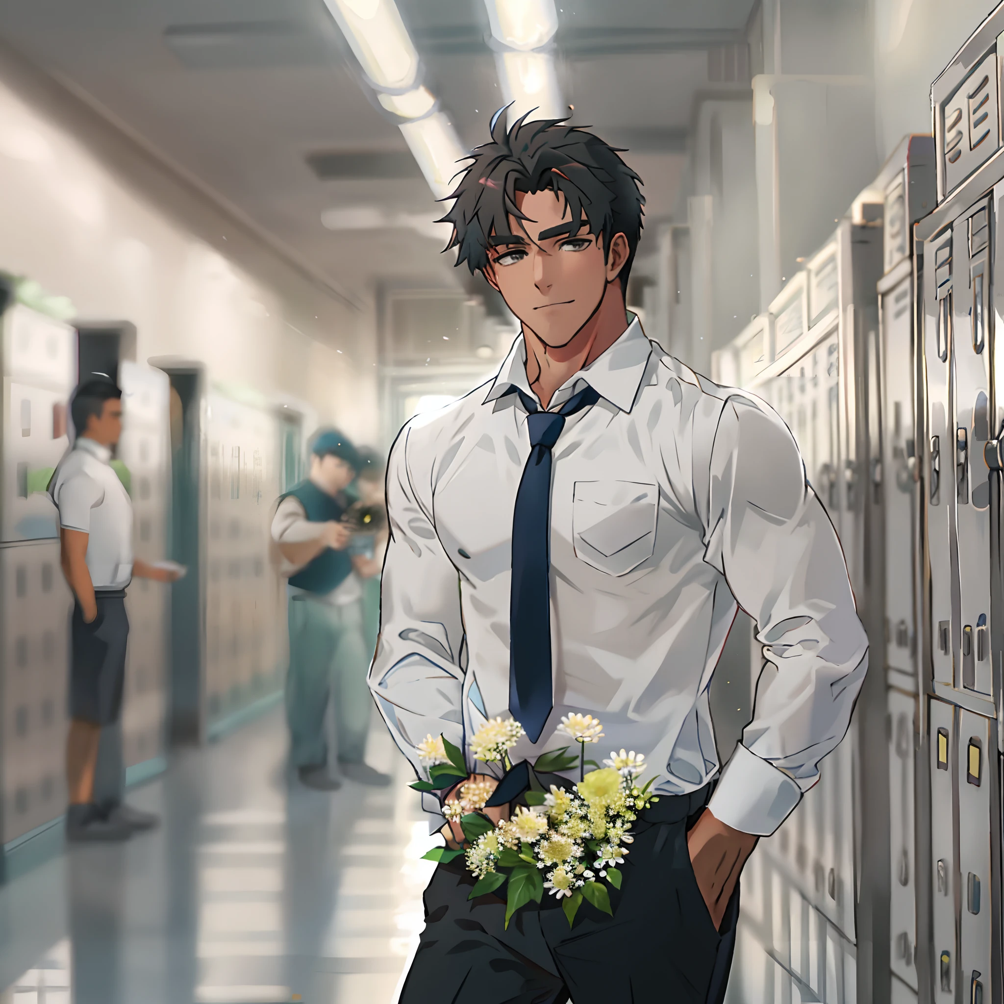 1man, a 20-year-old muscular man, handsome, black hair, gray eyes, holding flowers, small smile wearing a long-sleeved white shirt and tie, hands in trouser pockets, body structure correct, standing in front of school lockers, soft lighting, masterpiece, best quality, 8k ultra HD, DSLR camera, lean, athletic, hot, tanned skin