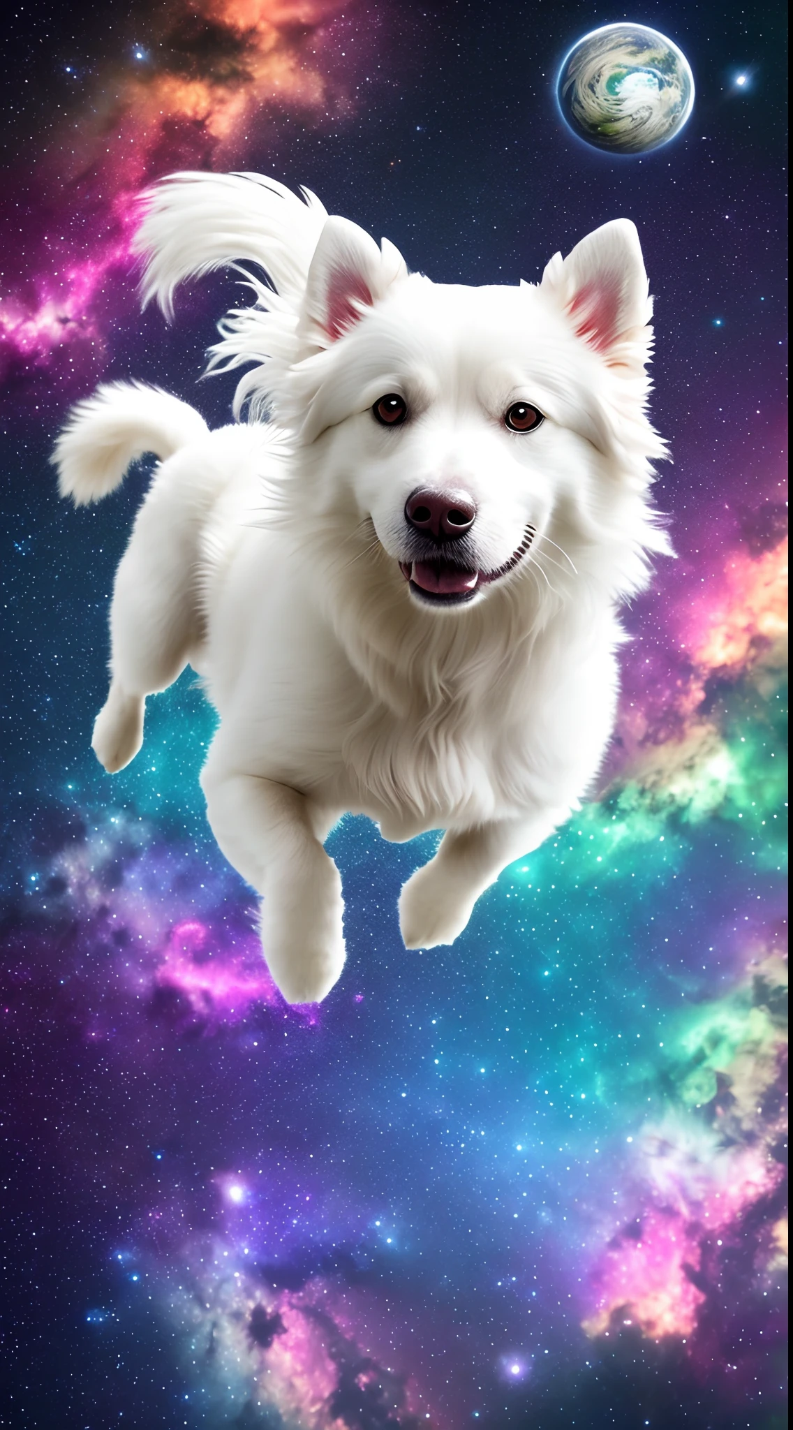 create an ultra-realistic, high-quality image in which a white fur dog is flying through the universe. The universe's background should be super colorful and filled with stars, nebulas, and planets. Ensure that the dog appears to be moving with grace and elegance
