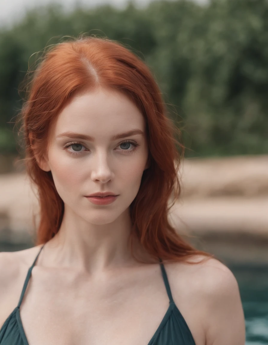 Red-haired woman in swimsuit clothes. High quality photo.