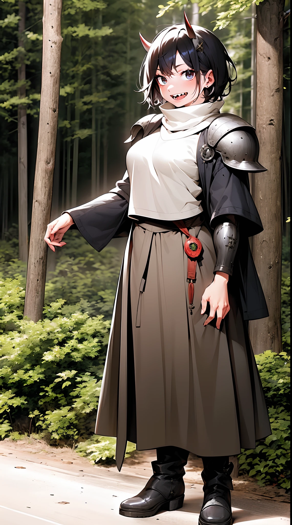 short hair, youngirl,black hair, vest, pullover, dragon horns, sharpteeth, standing, smile, full body , boots, long skirt, winter dress,, forest, woman-medieval-clothes, horns, smile, open mouth ,sharpteeth,, medium breast