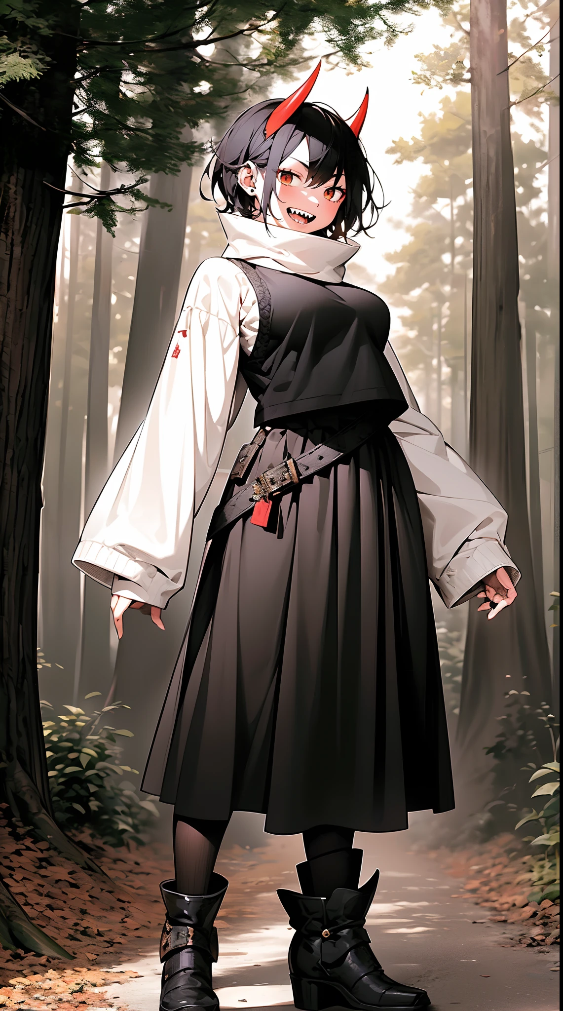 short hair, youngirl,black hair, vest, pullover, dragon horns, sharpteeth, standing, smile, full body , boots, long skirt, winter dress,, forest, woman-medieval-clothes, horns, smile, open mouth ,sharpteeth,, medium breast