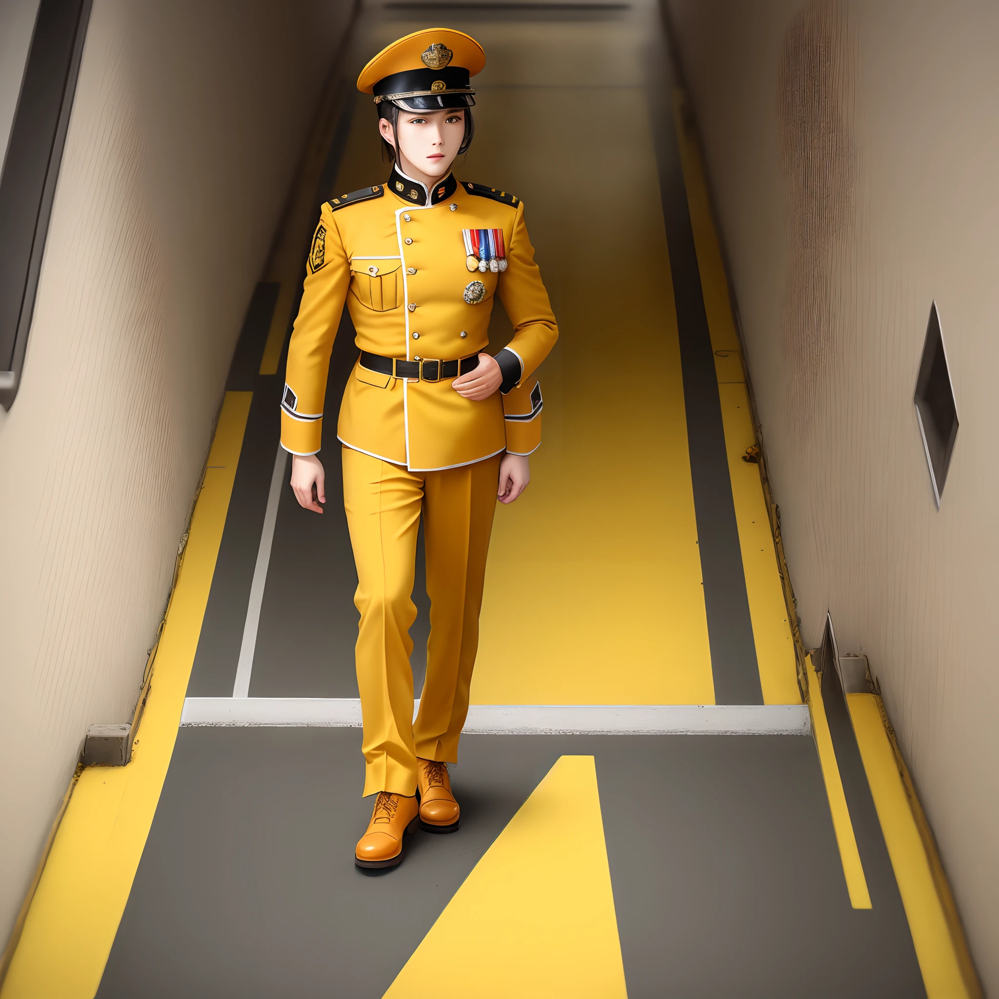 Yellow military uniform,mtu,Yellow floor,Orange fence