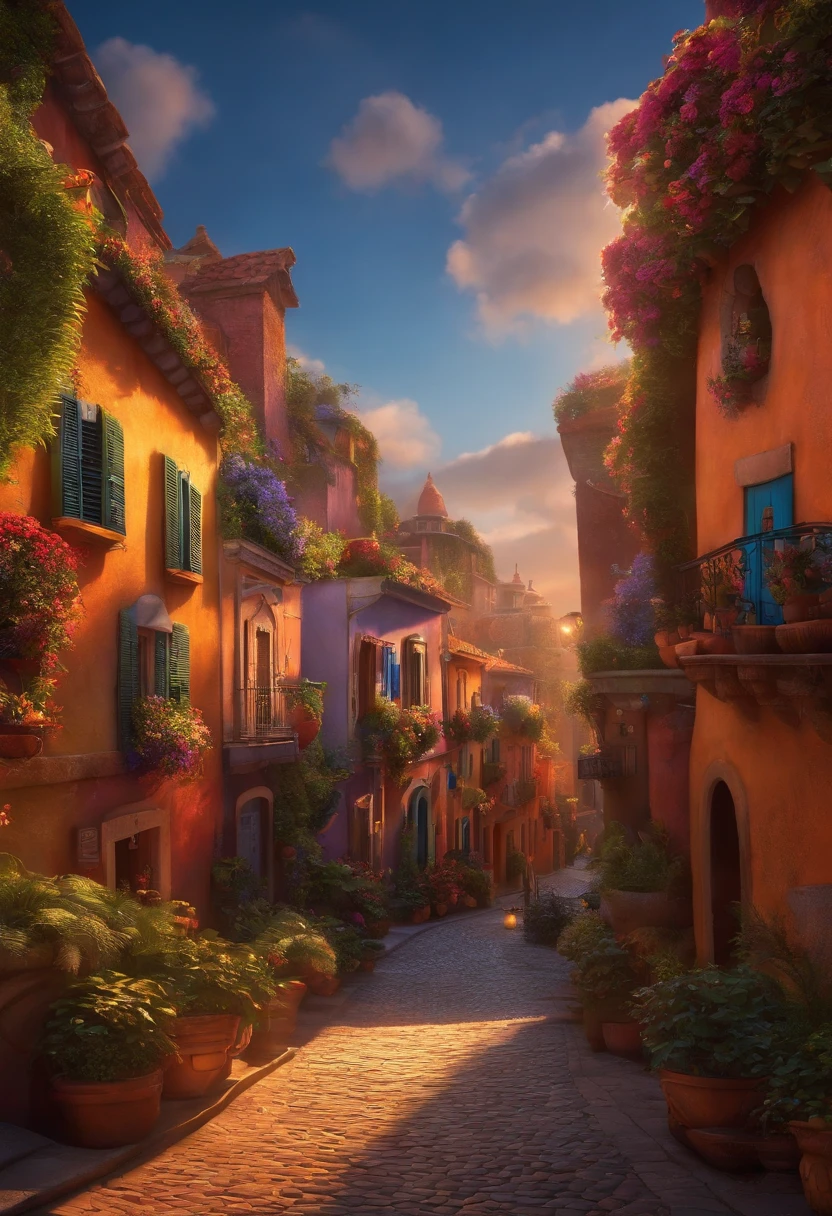 Cidade com sol muito quente, as pessoas com muito calor estilo Disney pixar