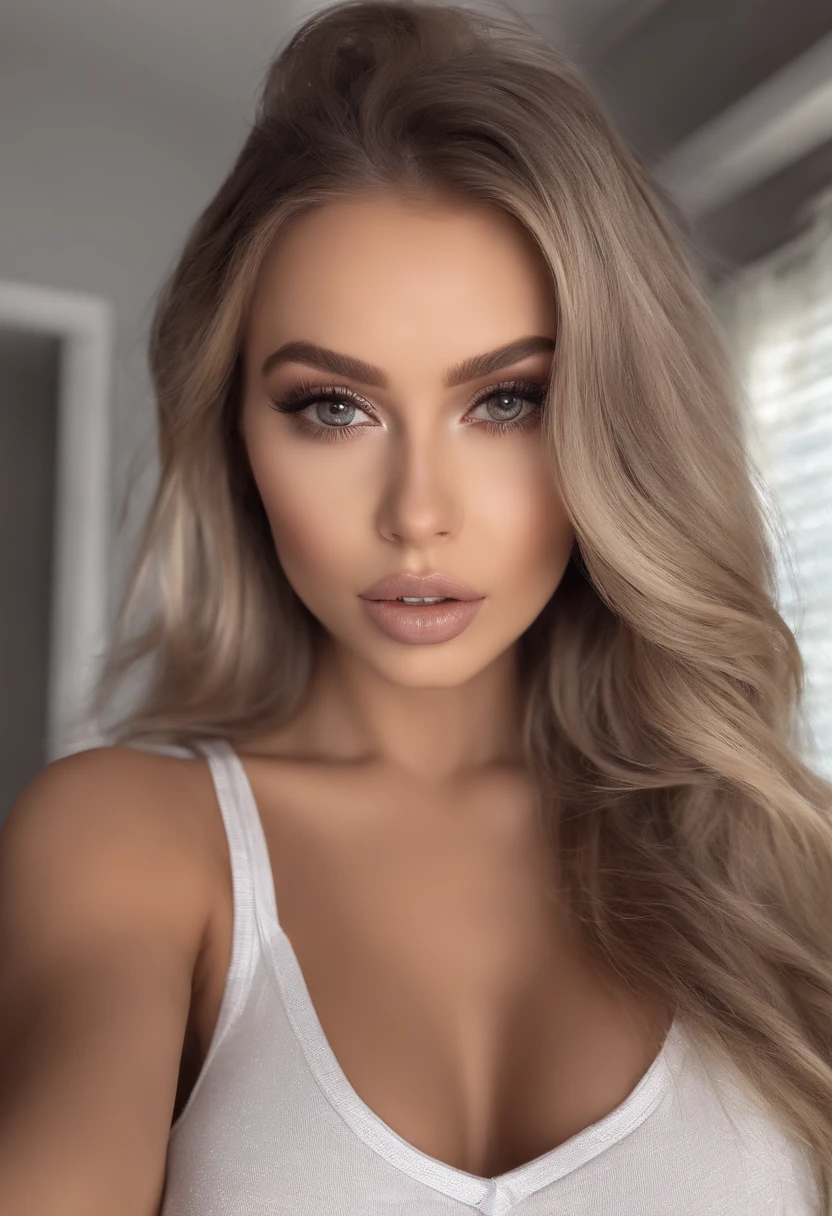 Arad woman with matching vest and panties, Sexy girl with brown eyes, portrait sophie mudd, blonde hair and large eyes, Selfie of a young woman, Eyes in the bedroom, Violet Myers, Orn makeup, Natural makeup, look straight at the camera, face with artgram, dezentes Make-up, Stunning full-body shots, in a bedroom, big tits