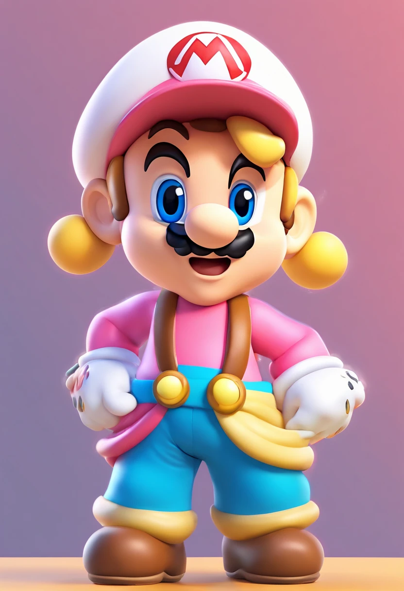 (Mario), design de personagens, Nintendo Super Mario, A 3-year-old girl child (olhos castanhos, cabelo castanho claro, vestindo um vestido listrado com as cores branco e preto , de tenis rosa )super bonita estilo cpixar cega, Chibi, corpo inteiro, Joyful expressions and actions, fundo limpo, Destaques iridescentes brilhantes, studio lighting, com textura requintada, Very high detail, high resolution, c4d, ..3d, Liquidificador, 8k, best quality, Ultra High Definition