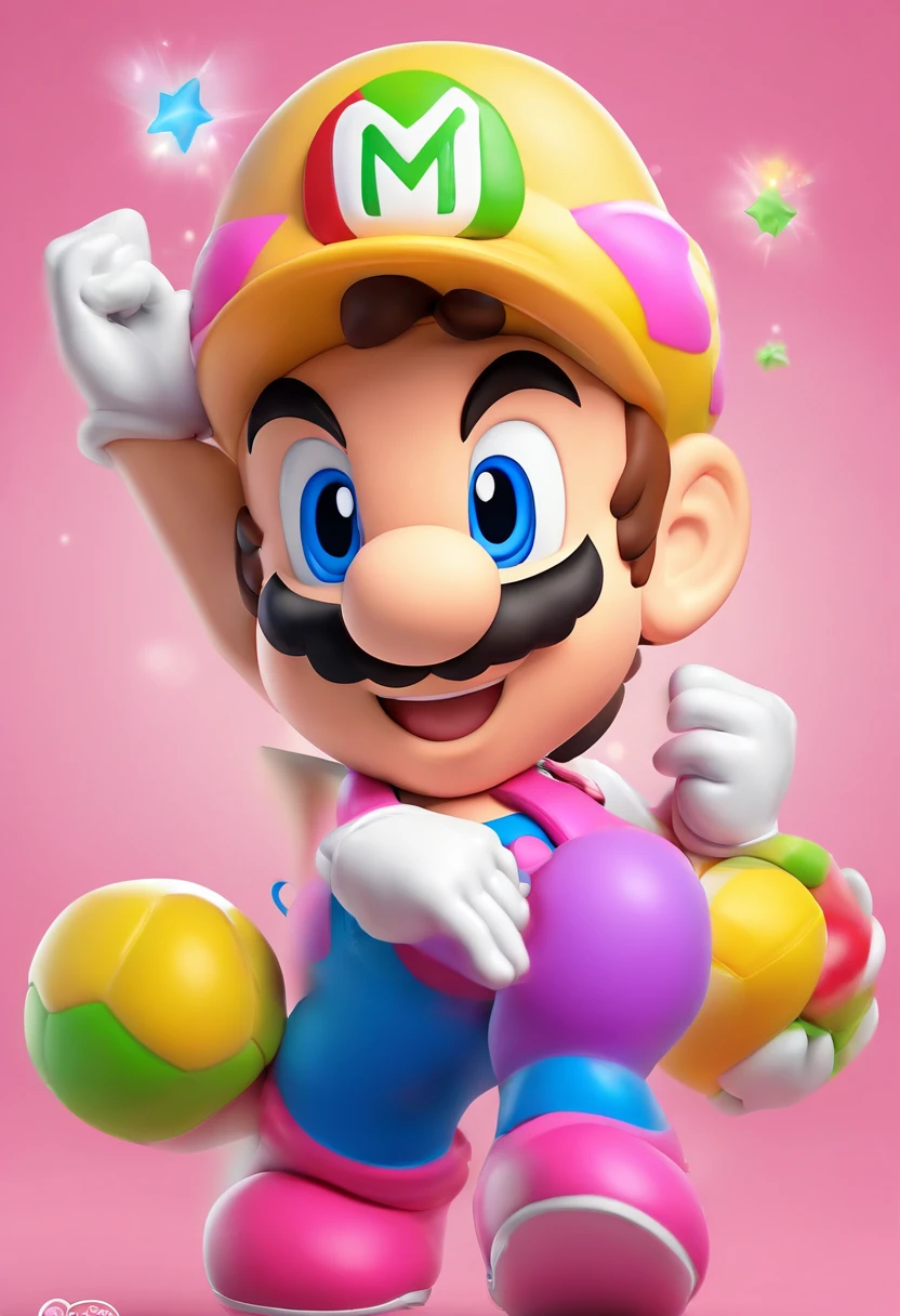 (Mario), design de personagens, Nintendo Super Mario, A 3-year-old girl child (olhos castanhos, cabelo castanho claro, vestindo um vestido listrado com as cores branco e preto , de tenis rosa )super bonita estilo cpixar cega, Chibi, corpo inteiro, Joyful expressions and actions, fundo limpo, Destaques iridescentes brilhantes, studio lighting, com textura requintada, Very high detail, high resolution, c4d, ..3d, Liquidificador, 8k, best quality, Ultra High Definition