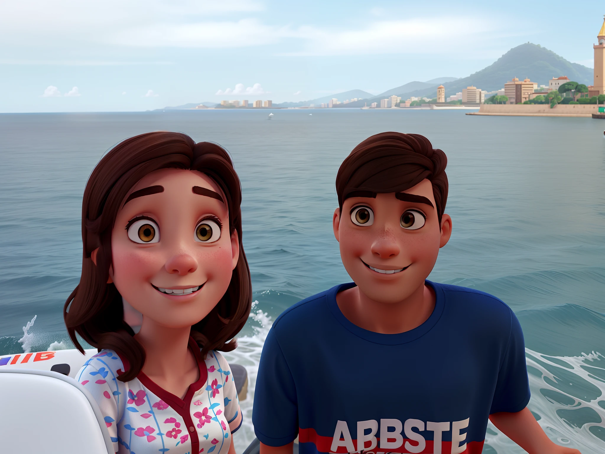 A brunette woman with medium brown hair next to a young man in a blue lacoste t-shirt in the background of the sea of Leblon Pixar style