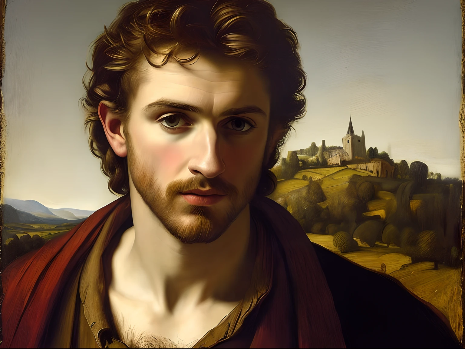 (Masterpiece) Detailed, intricate, hyper realistic painting of a chiseled heavenly handsome man,in the style of Giorgio Dante, Rembrandt and Caravaggio, looking at the viewer, full body, dramatic lighting, tumblr, fantasy art, very masculine, atractive, seductive and handsome man, ethereal, pastoral, depth of field, high quality shadows,