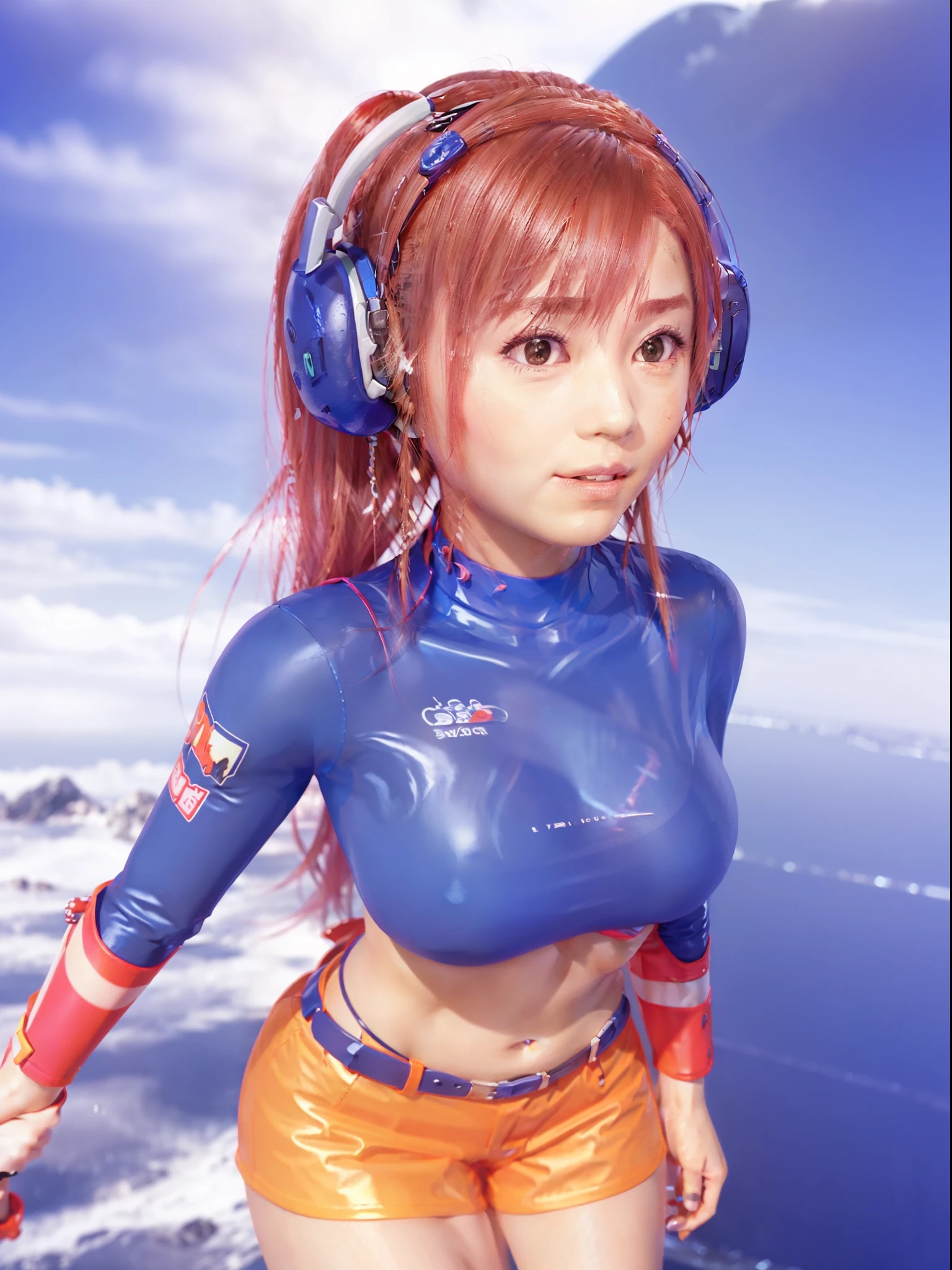 1female, ((long hair)), bangs, red hair, smile, midriff, long sleeves, shorts, headphones, (colorful clothing), standing, choker, 
((y2k aesthetic)), 3d render, vector graphic, upper body, face detail, hair ornament, extremely detailed, masterpiece
