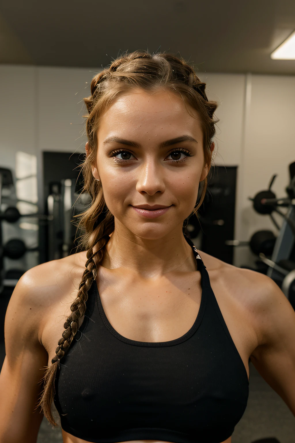 Sports Girl, 30 years, fitness trainer, Hair braided. Facing the camera