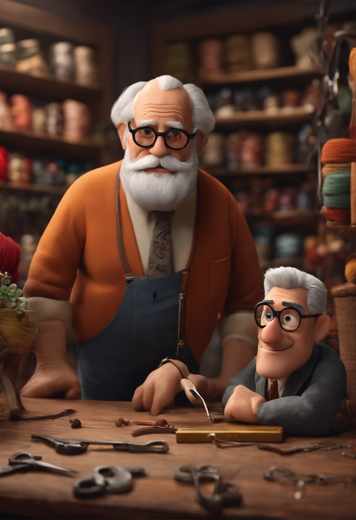 Create a Disney pixar image of a fabric store with a gray-haired old man in glasses with scissors and tape measure and a tall 40-year-old man in glasses