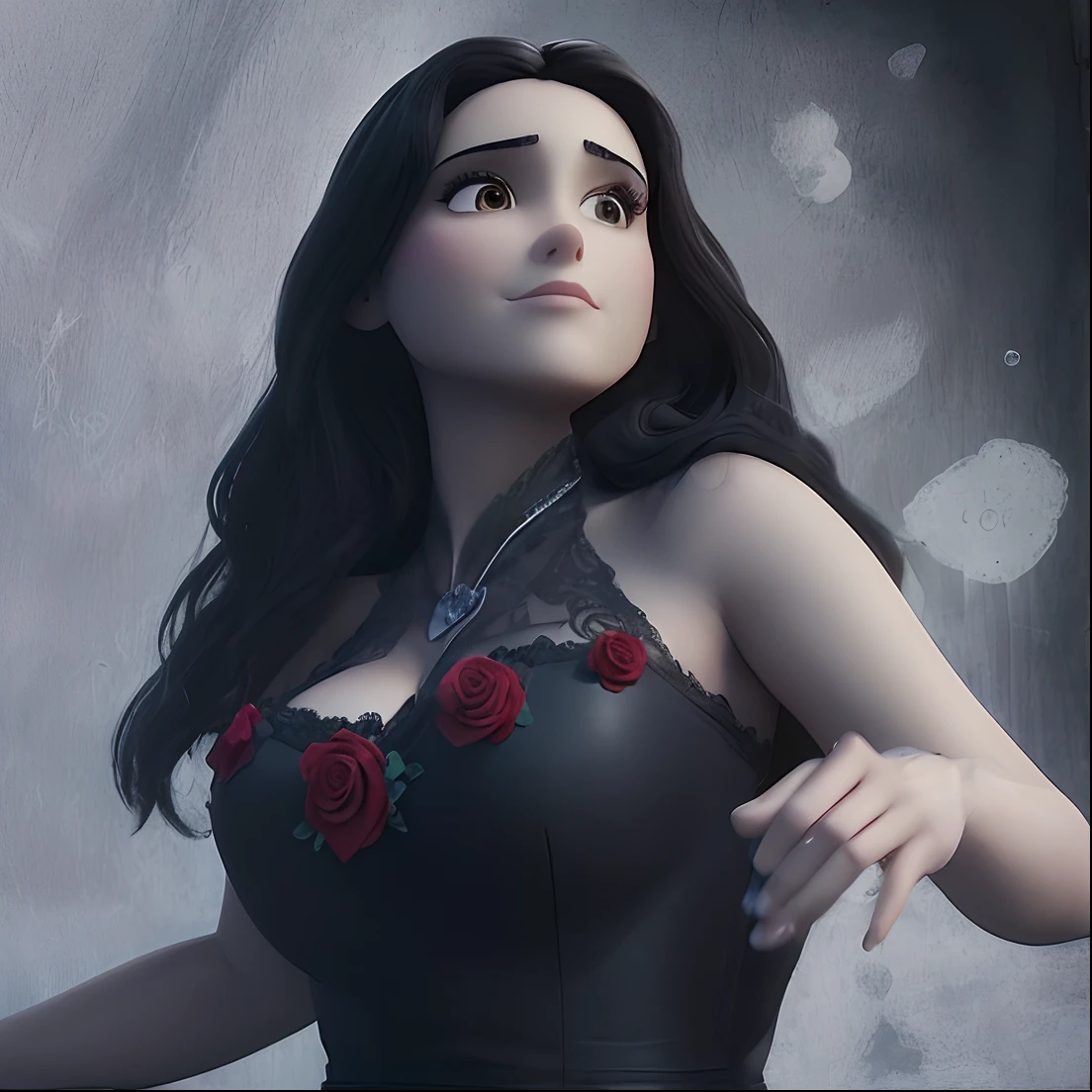 There's a woman in a black dress and red roses around her neck, Salma Hayek como uma feiticeira, Morgana, por Elena Teacher, Imagem promocional, Foto promocional, by Amelia Peláez, persephone as goddess of death, lo gothic, Retrato de Ana de la Reguera, lo gothic, Morrigan, beleza escura em estilo Disney Pixar 3d