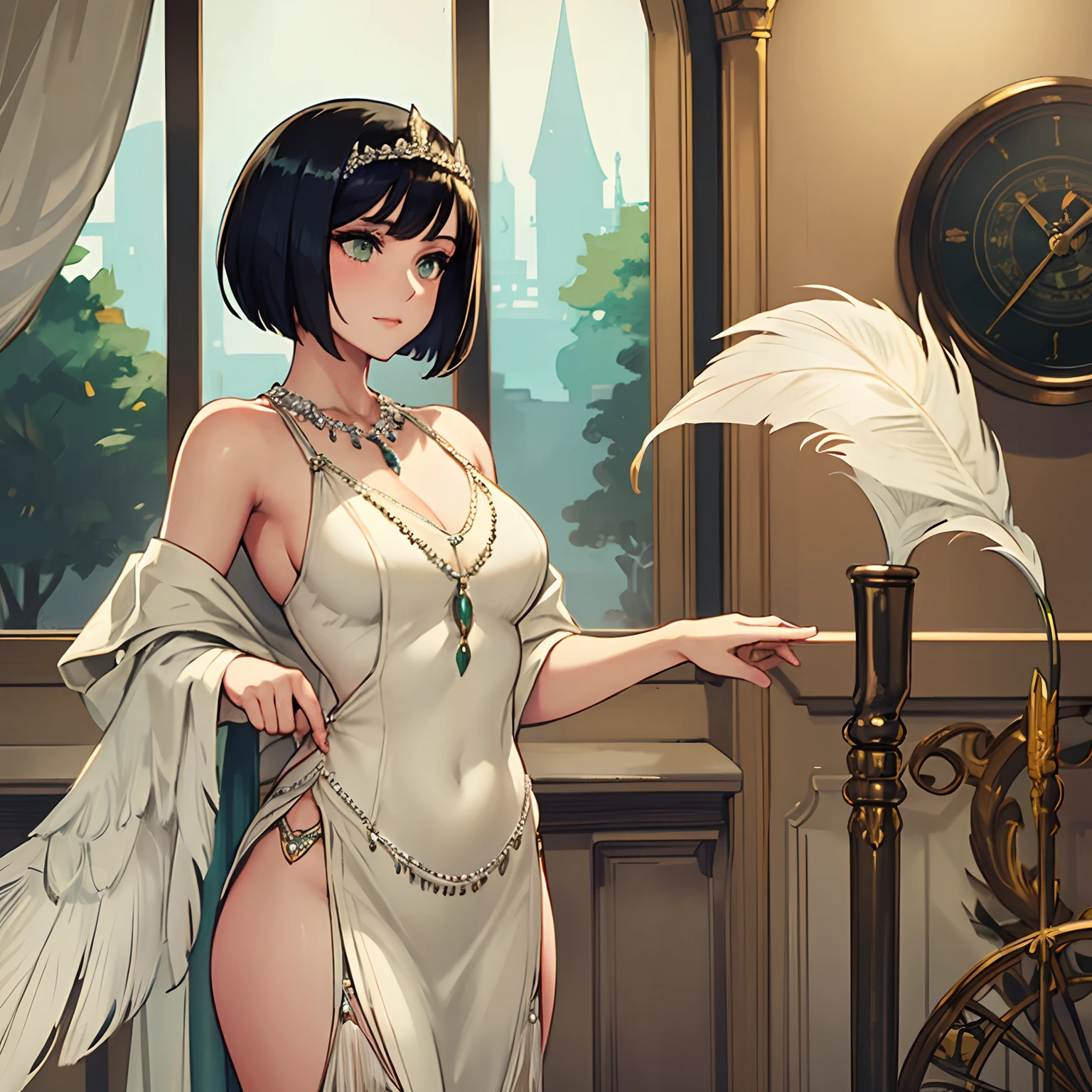 Woman with a short dark hair, green eyes and 1920's casino style clothes, flapper style clothes in a classic casino. Black hair and white flapper style clothes and white feathers tiara