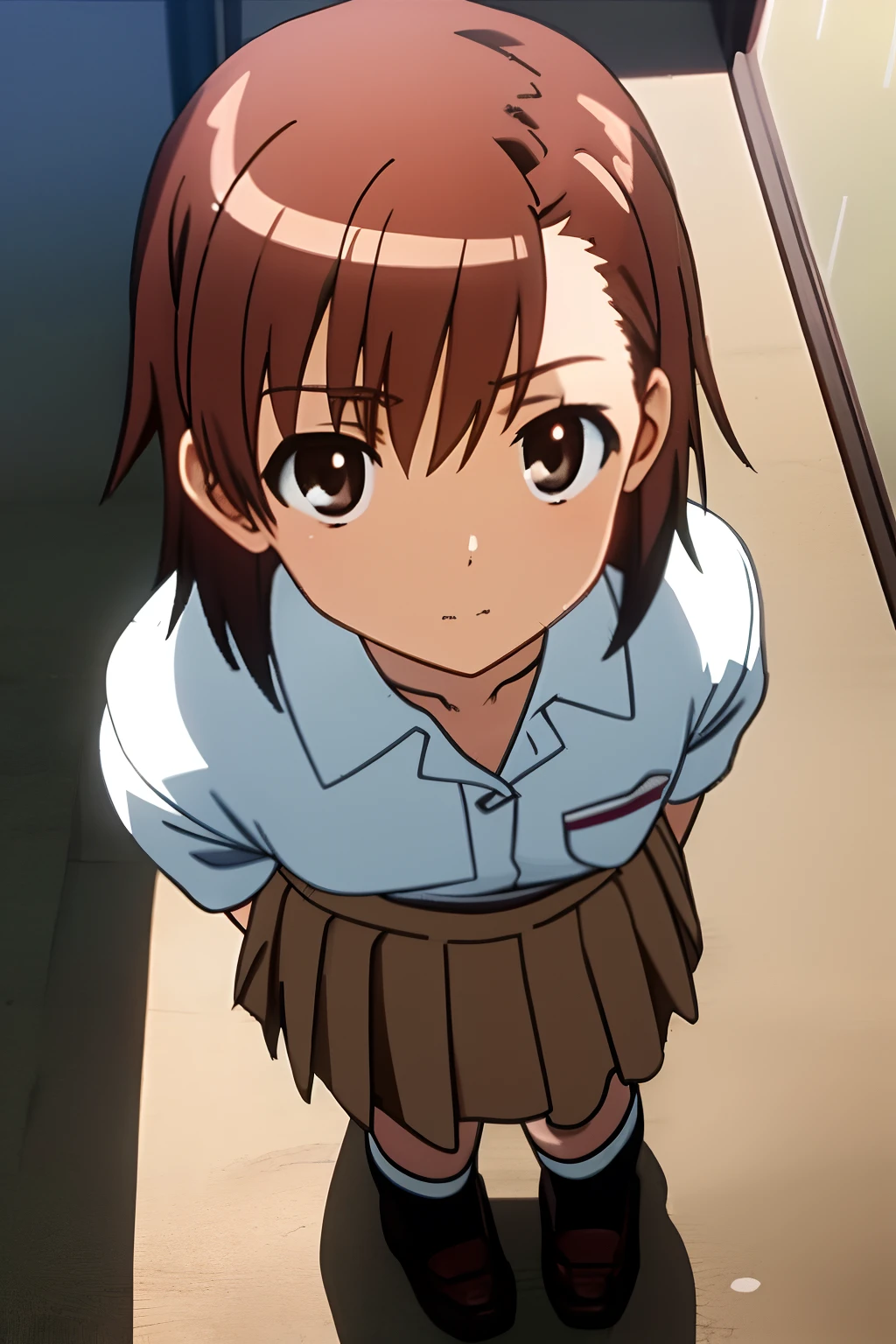 masterpiece, best quality, misaka_mikoto, brown eyes, short_hair, small_breast, looking at viewer, solo, closed_mouth, collared_shirt, school_uniform, shirt, white_shirt, classroom,stand up