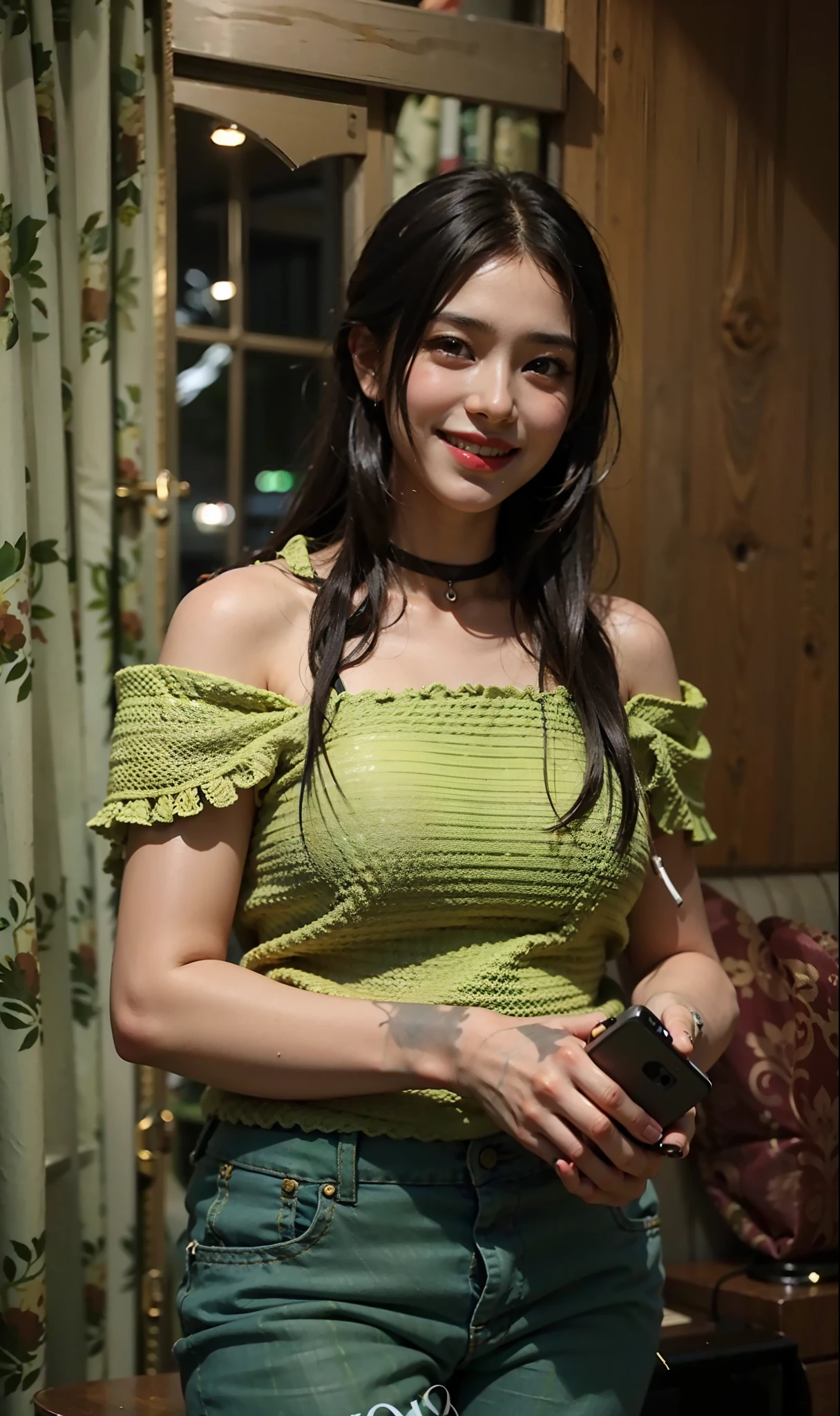 smiling woman in green top holding cell phone in living room, candid picture, candid!! dark background, very very low quality picture, candid photo, profile image, at night time, profile pic, profile photo, 18 years old, 30 years old woman, 3 0 years old woman, kyza saleem, 8k 50mm iso 10, profile picture