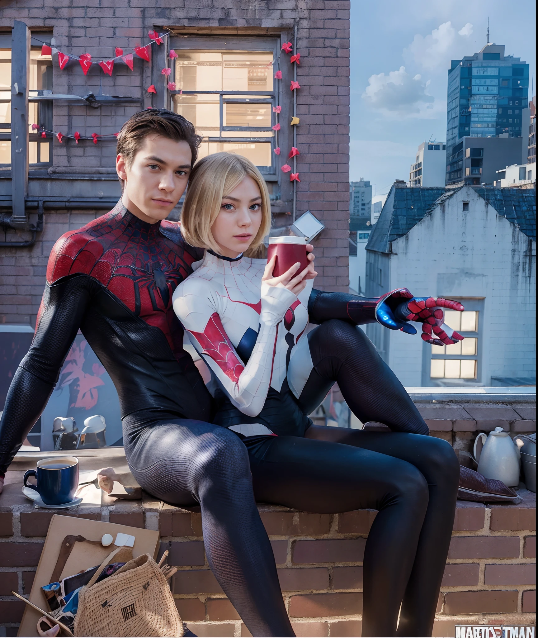 foto realista, Marvel, gwen stacy, Miles Maralize, Photo Enhancement, real-photo, Drawing Hands, draw background, Drawing Solids, beste-Qualit, 4K quality, Superheroes, Spider-Man, couple, Tea party on the roof, Real Fingers, Detailed fingers