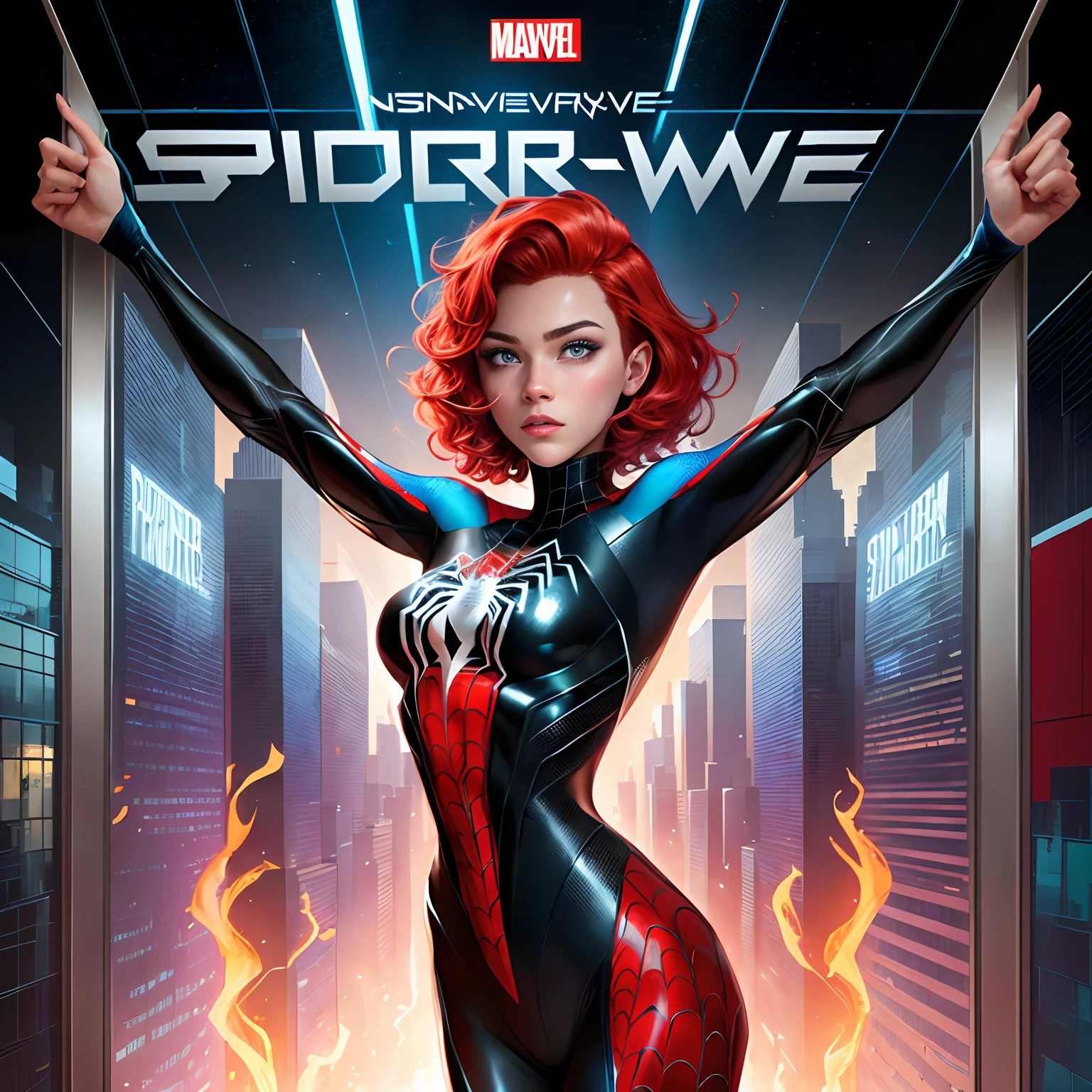 Spiderverse comic panel, women, dyed red hair, short wolf cut hair, blue eyes, white power, in the United States, , Swedish