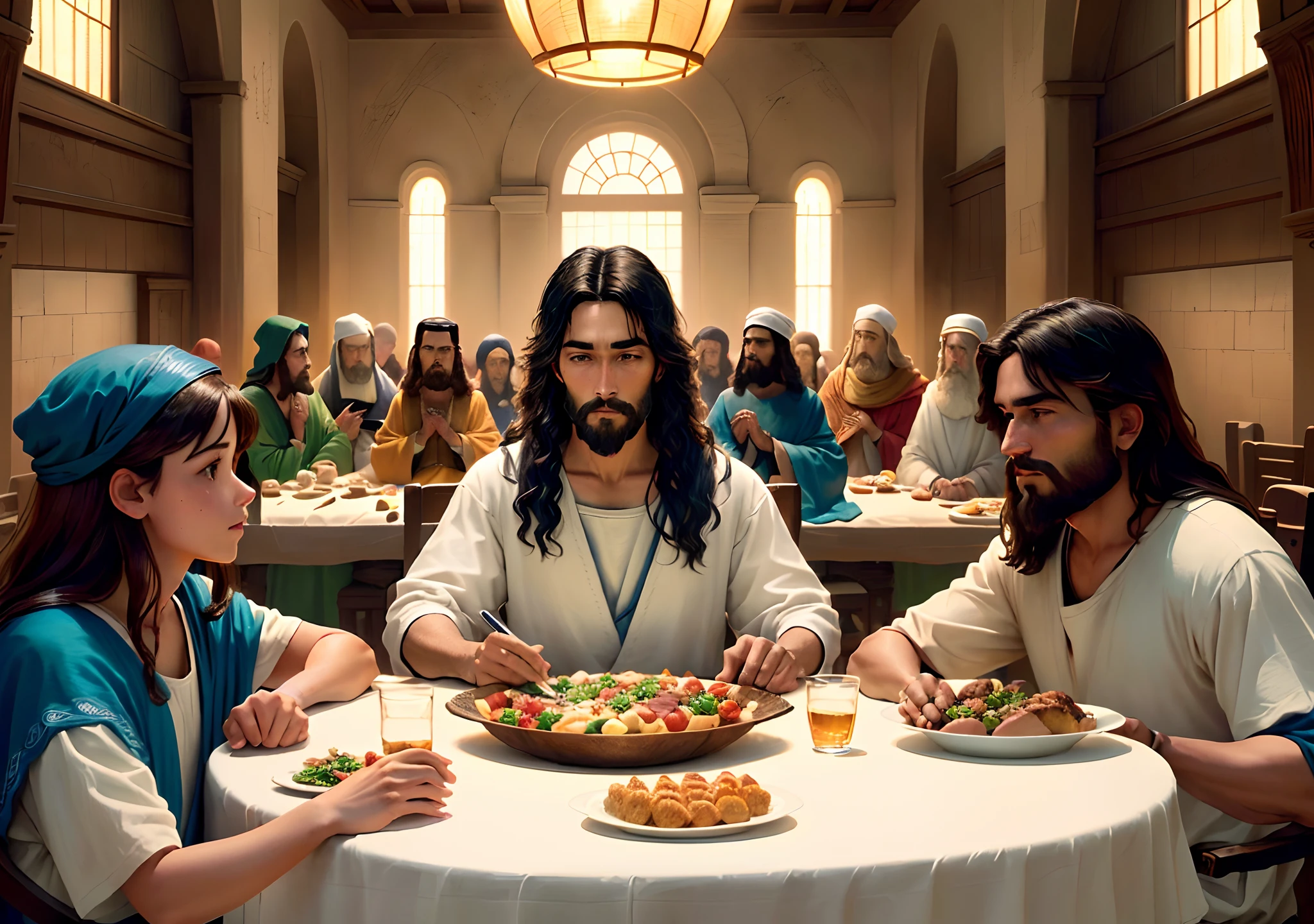 Create the Last Supper, de Da Vinci, View from the perspective of the business meeting table in a room in a modern building, Arte hiperrealista, 3D rendering, lighting dramatic, twelve apostles and Jesus Christ is at the bedside, Jesus, with your hands on your head, inclinou-se para a mesa;, num gesto de desespero. One of the apostles is dressed in the shirt of the Brazilian national football team. Another apostle is in a NASA astronaut suit. Another apostle is Lady Di.