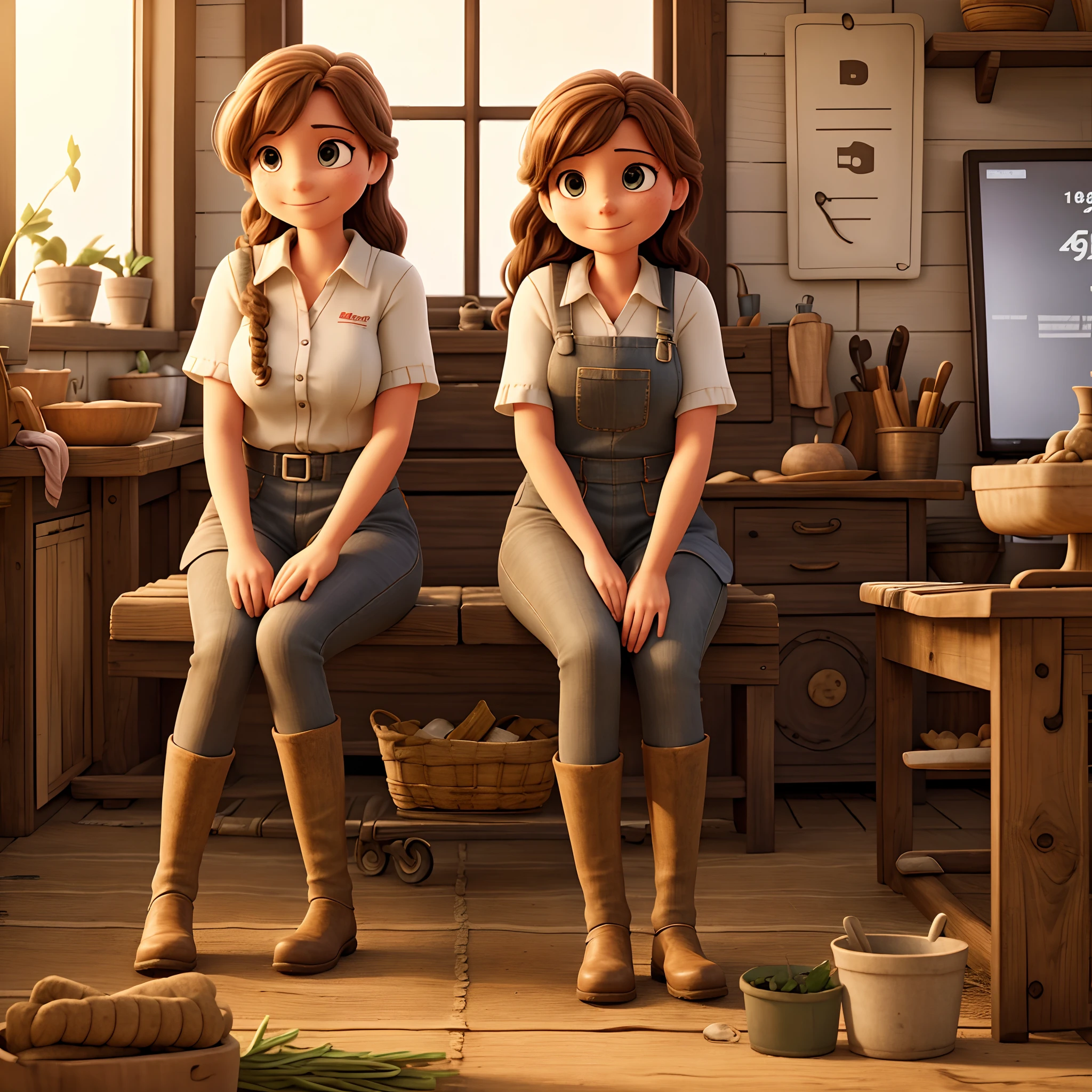 A mother and daughter talking while you're watching a farmer working in the field from a window sitting in a room
