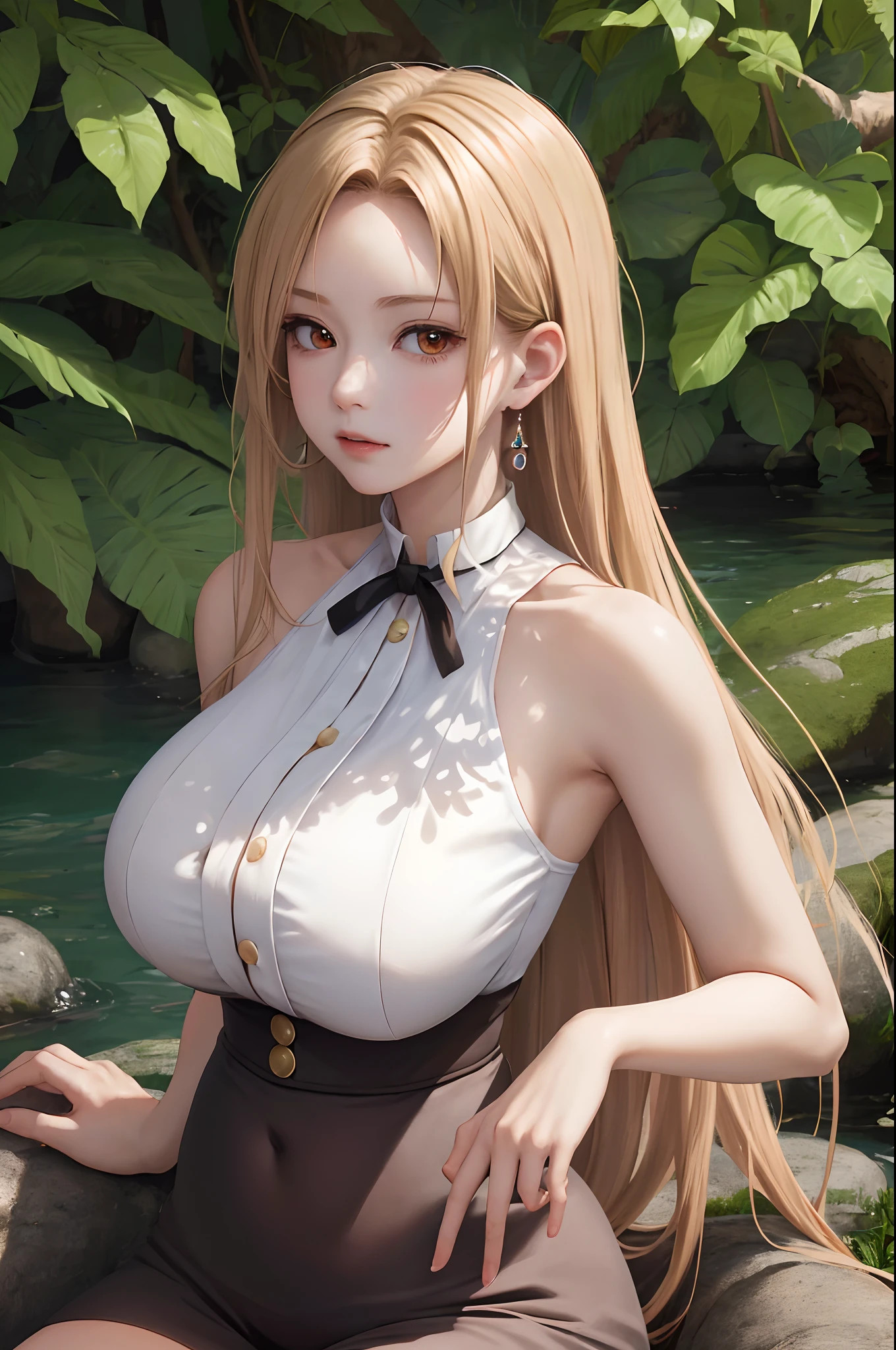 (ultra-quality,masutepiece,Ethereal:1.4)Nagatiti(huge-breasted:1.6)(hanging breasted: 1.5)(squeezing breasts: 1.3)(Bimbo 1.4)(disproportional tits: 1.4)(Realism:1.2)(Realisitc:1.2)(absurderes:1.4)8K,Ultra-detailed,((Detailed beautiful mature face)), Nasty expressions,gals,Adult rocks,coast,(shore:1.2) (Sitting:1.4)Sitting on Rock,Trees,Plants,(bush:1.2)vague(Causting:1.2)(Hyper-Detailed Water:1.1) (Solo:1.4)1girl in(face to the viewer:1.2)Intricate body details(A MILF: 1.5)(Curve:1.3)Average waist,thick thighs,Yuuki Asuna,honey blonde hair[Long hair](side locks:1.2)( Clothes:1.3)enchanting posture,Sexy Pose,enticing[intricate-perfect-fingers-on-hands]Perfect Hyper Detail Orange Eye,